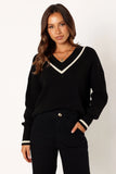 Dominique Contrast Vneck Knit Sweater Black Cream