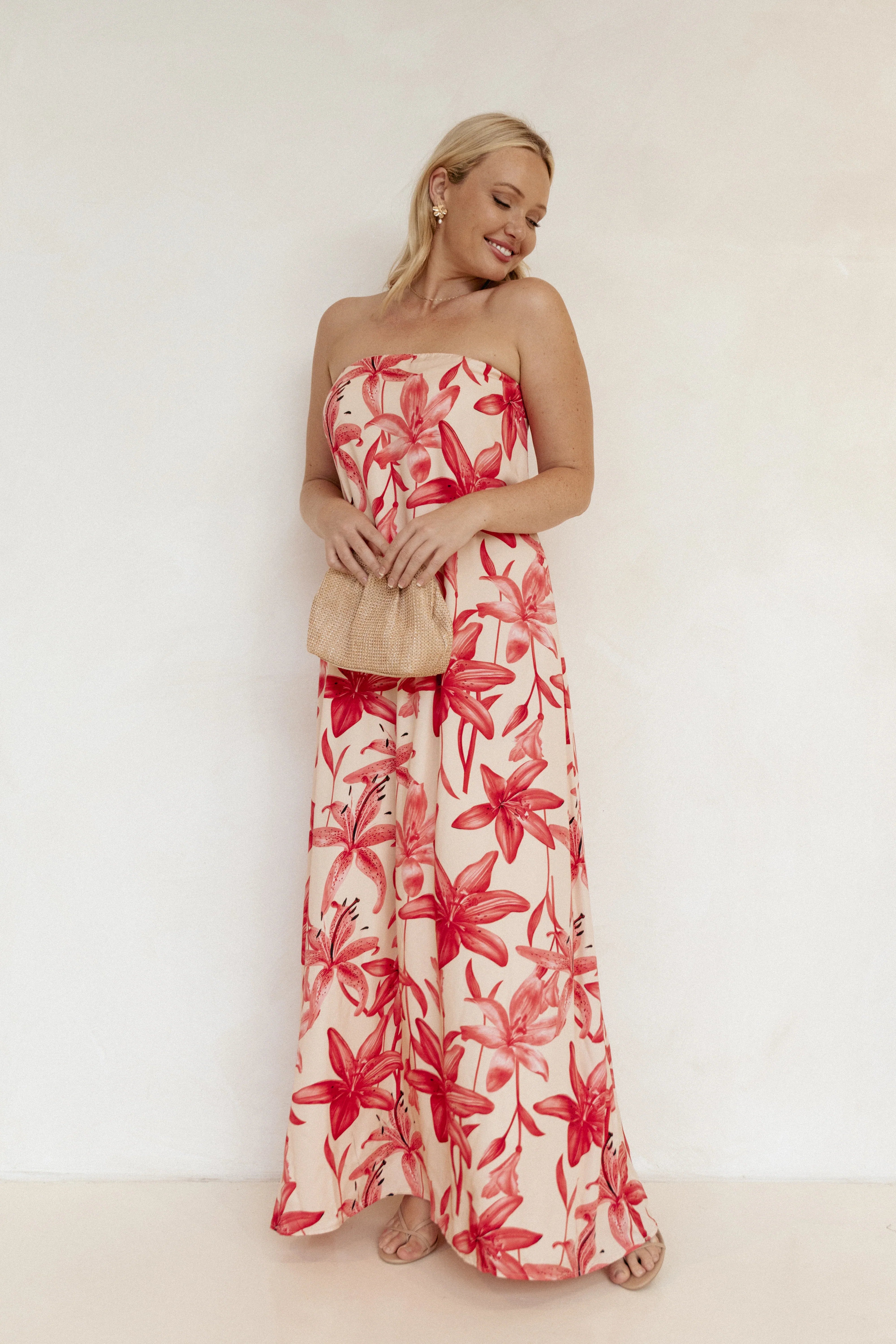 Lani A Line Strapless Maxi Dress Pink Floral