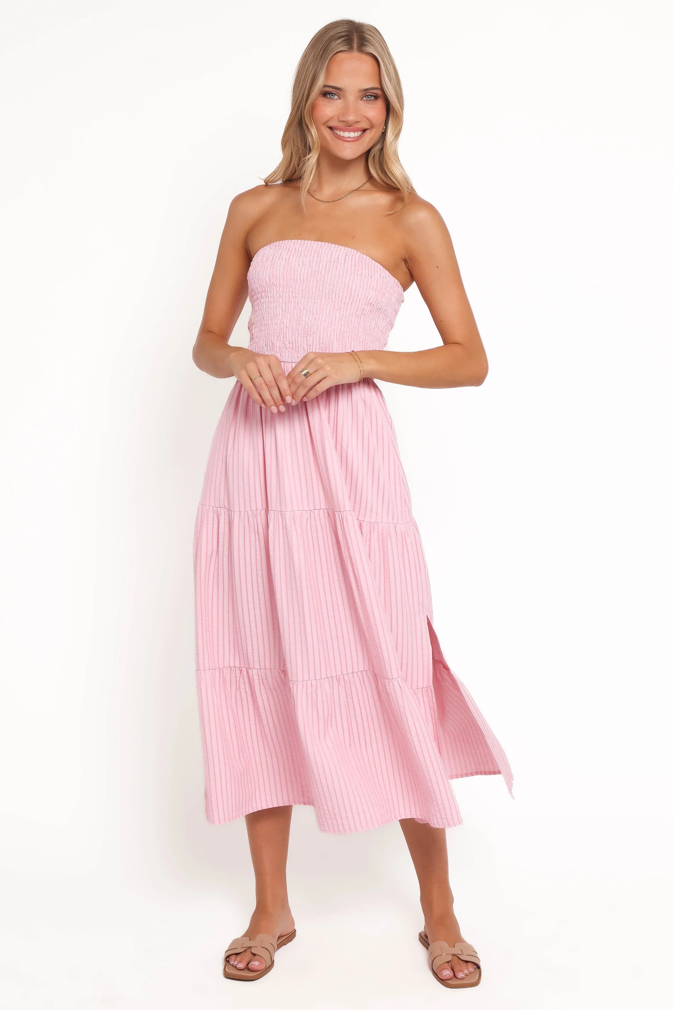 Maisie Strapless Midi Dress Pink Stripe