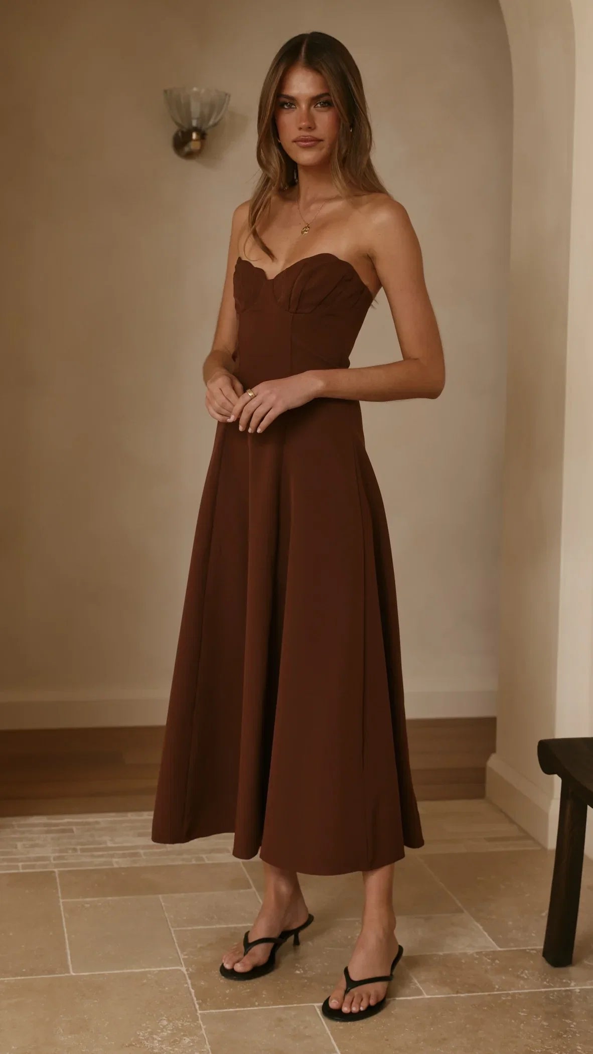 Janessa Strapless Midi Dress Chocolate