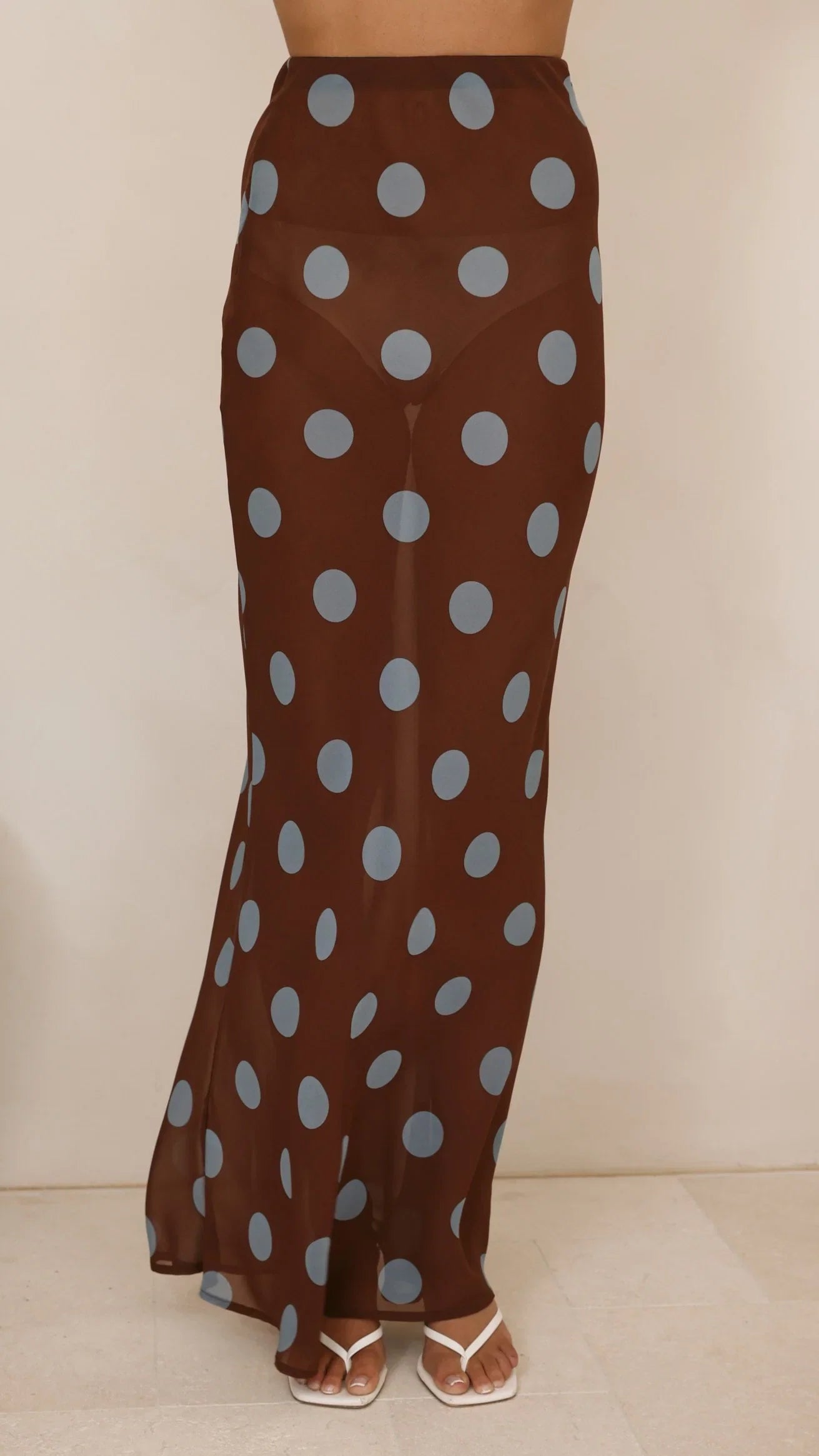 Yumi Oversized Tee and Sheer Skirt Set White Brown Blue Polka
