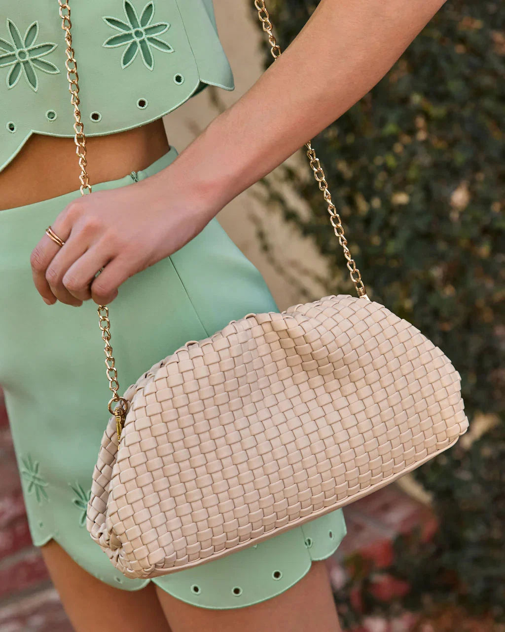 Janice Woven Leather Pouch Clutch