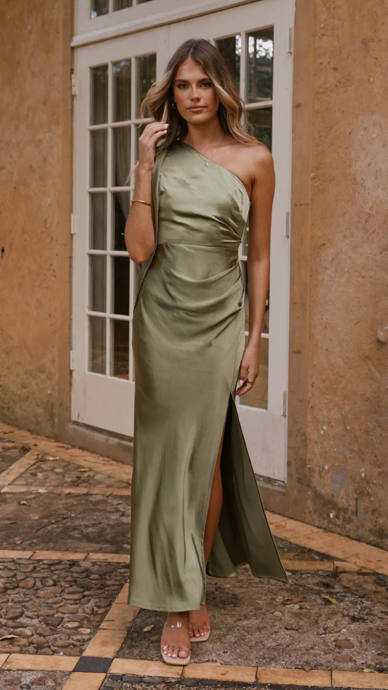 Halle One Shoulder Maxi Dress Olive