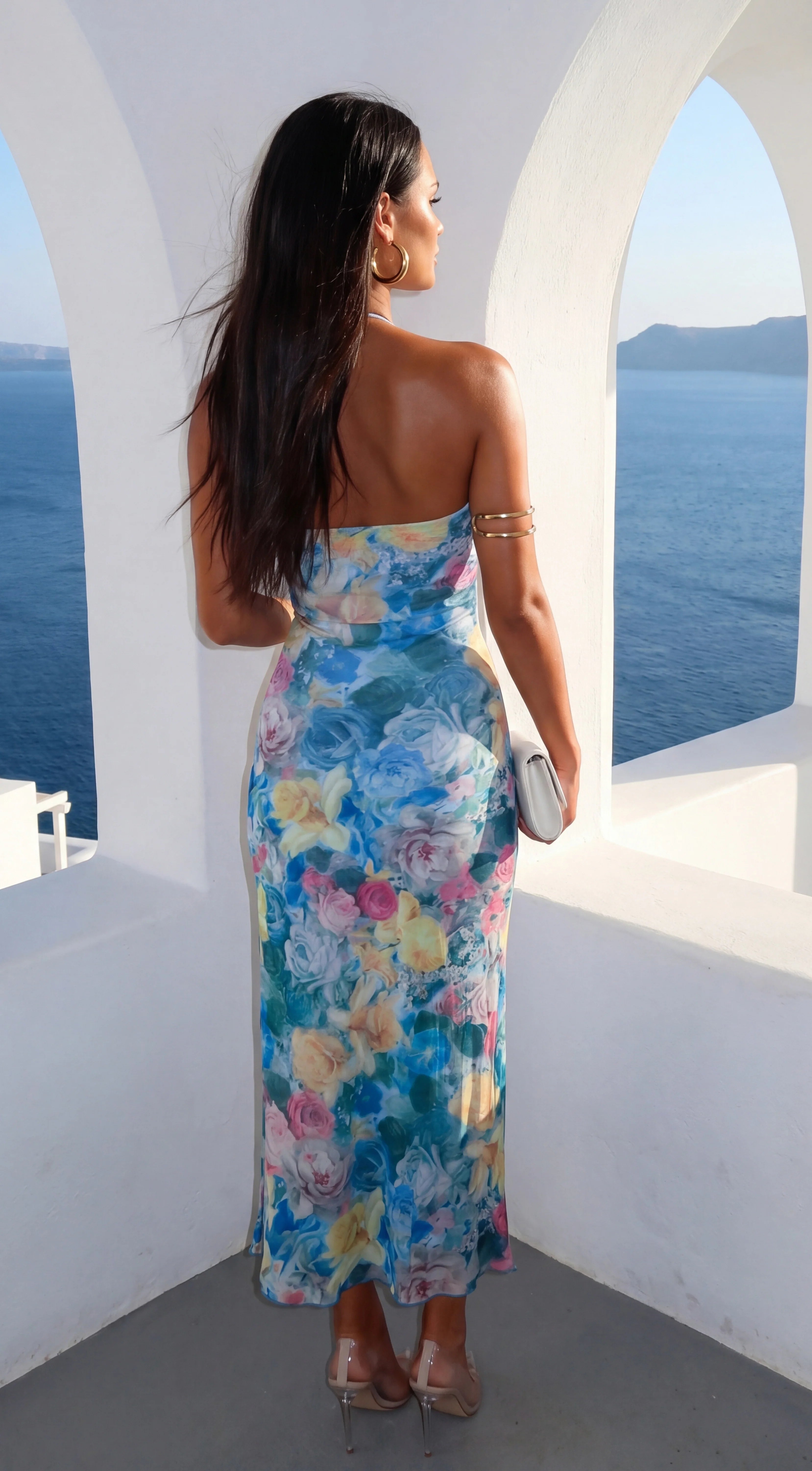 Aquarella Floral Strapless Tube Midi Dress Blue Multi