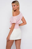 In A Spiral Cinched Waist Off Shoulder Knit Top Pink