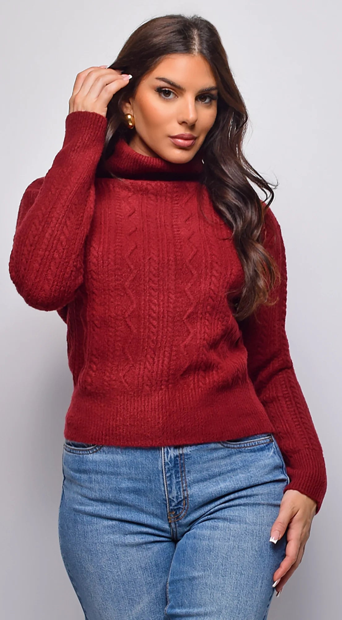 Gisella Cable Knit Turtle Neck Sweater Top Burgundy