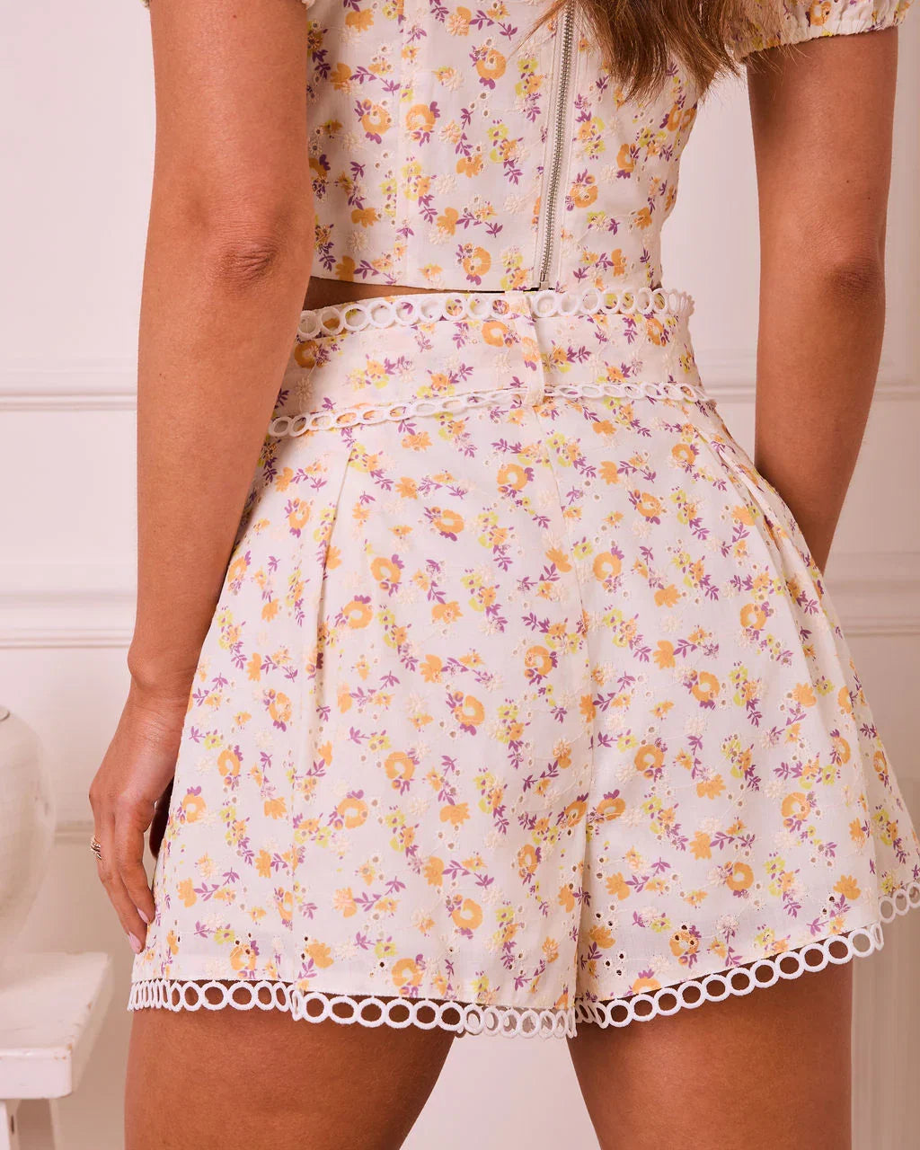 Sunny Petals Floral Eyelet Waist Tie Shorts