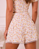 Sunny Petals Floral Eyelet Waist Tie Shorts
