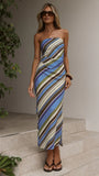 Saranya Scarf Top and Maxi Skirt Set Blue Khaki Stripe