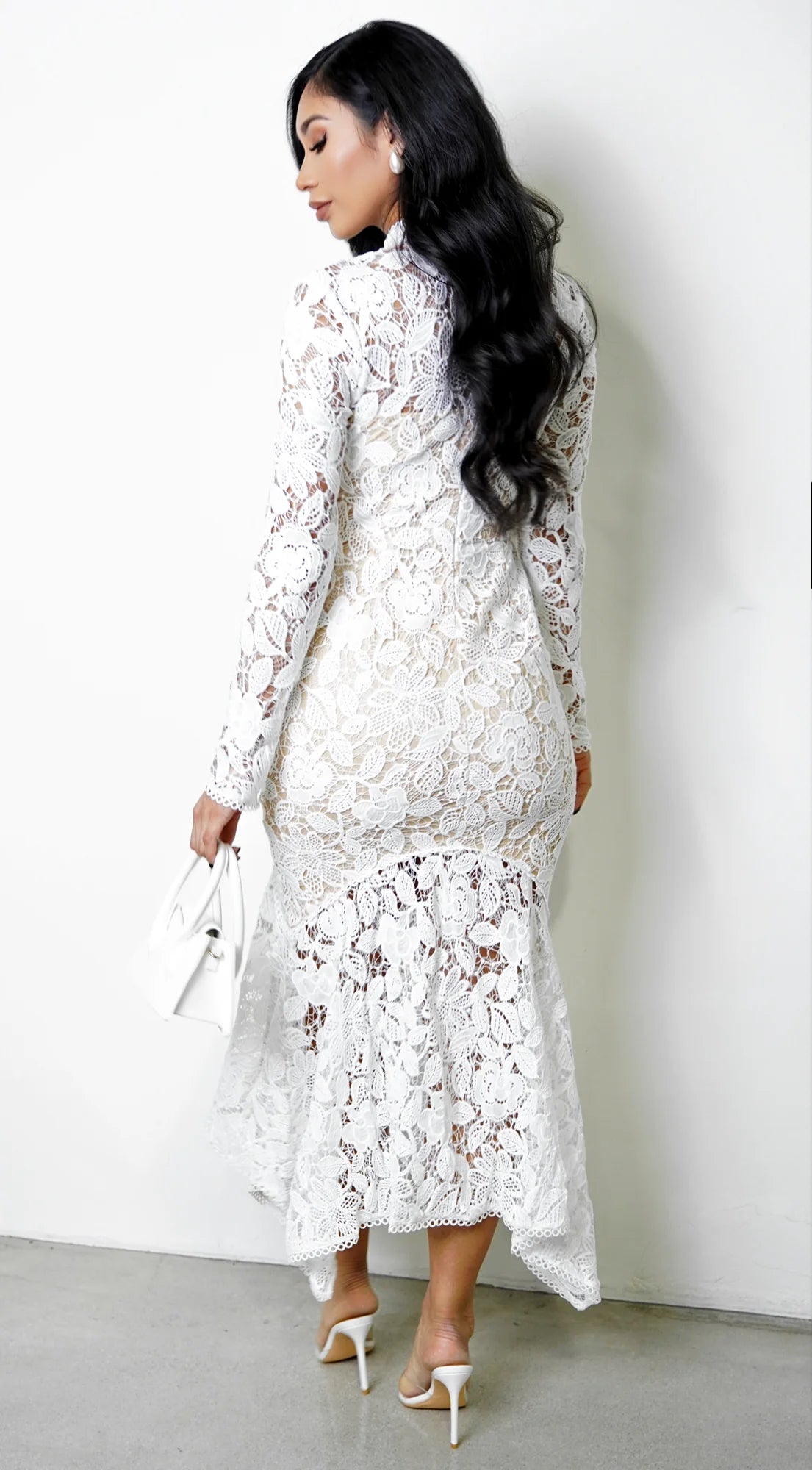Ishani Mock Neck Lace Midi Dress White