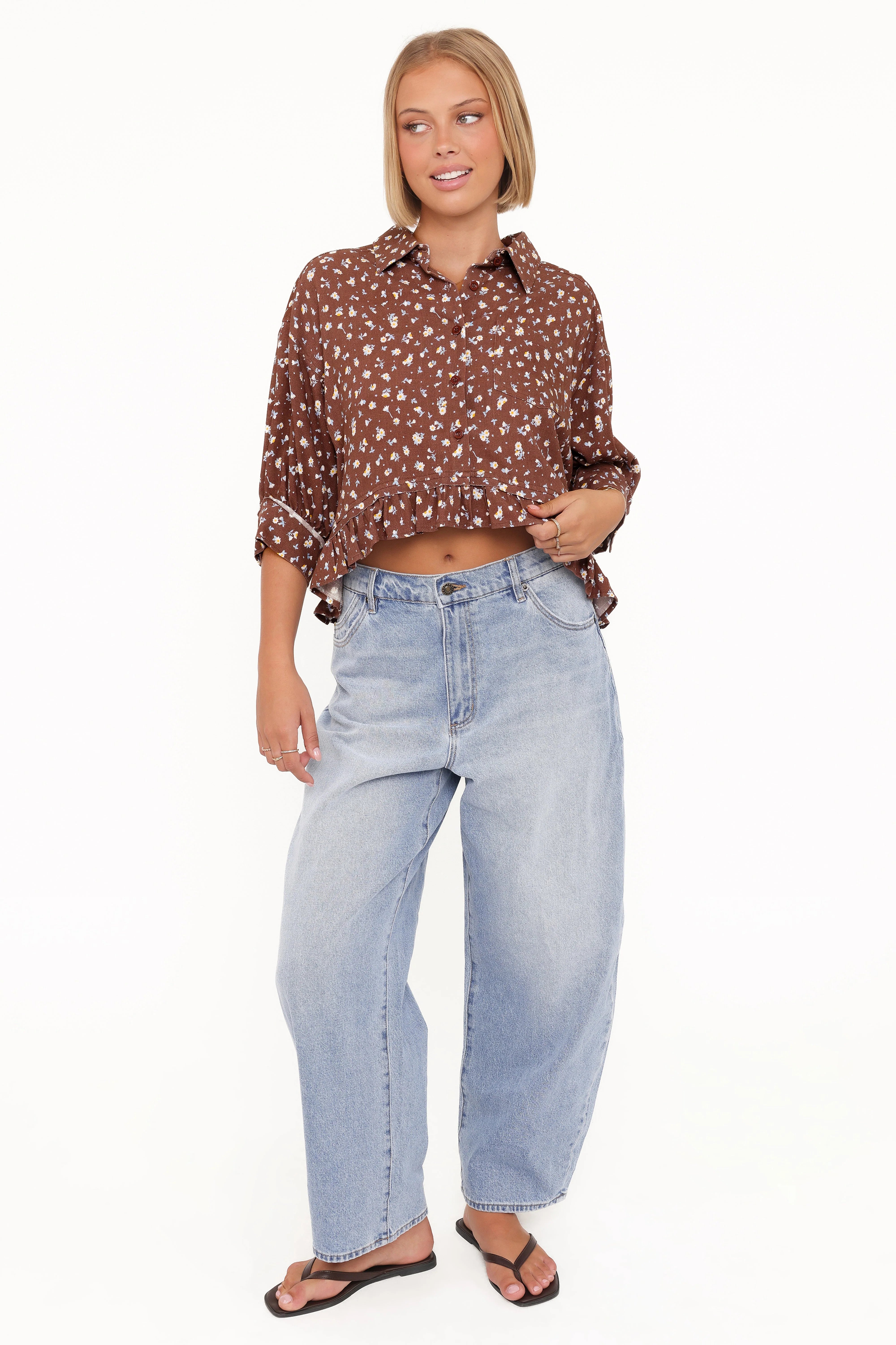 Ashe Cropped Button Up Top Brown Floral