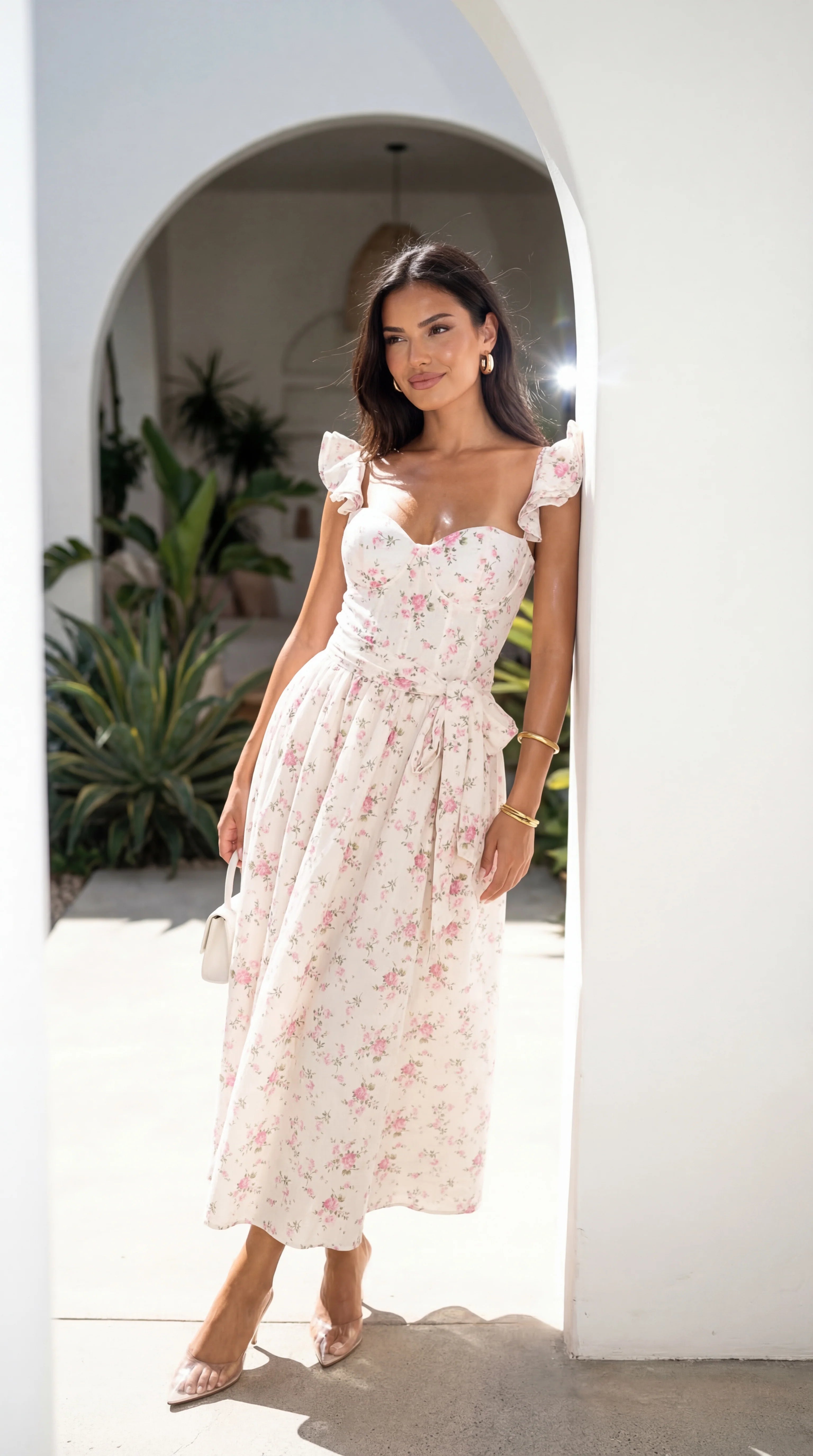 Florienne Floral Corset Flutter Midi Dress Ivory