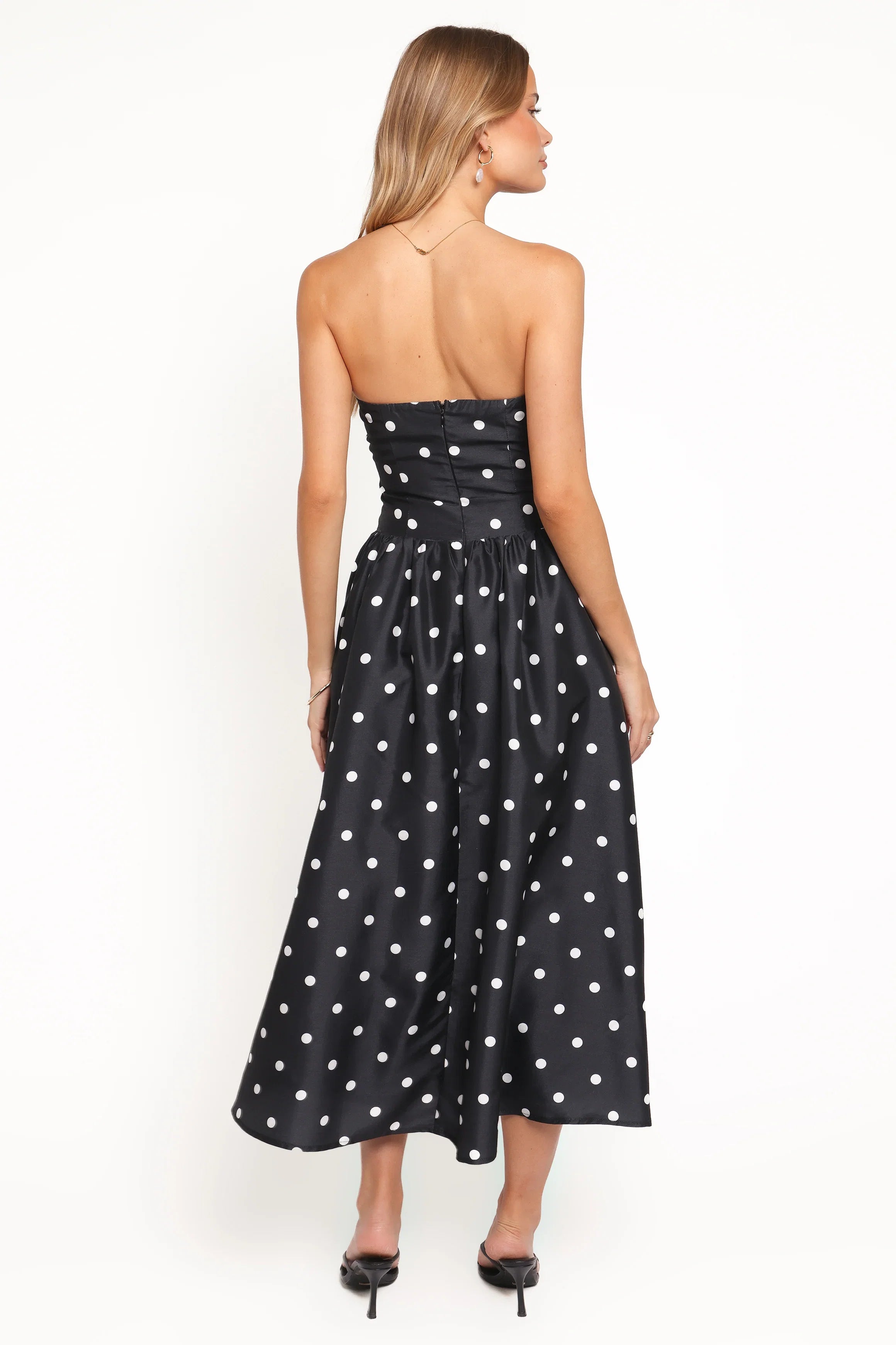 Kimbra Strapless Midi Dress Black Polka Dot