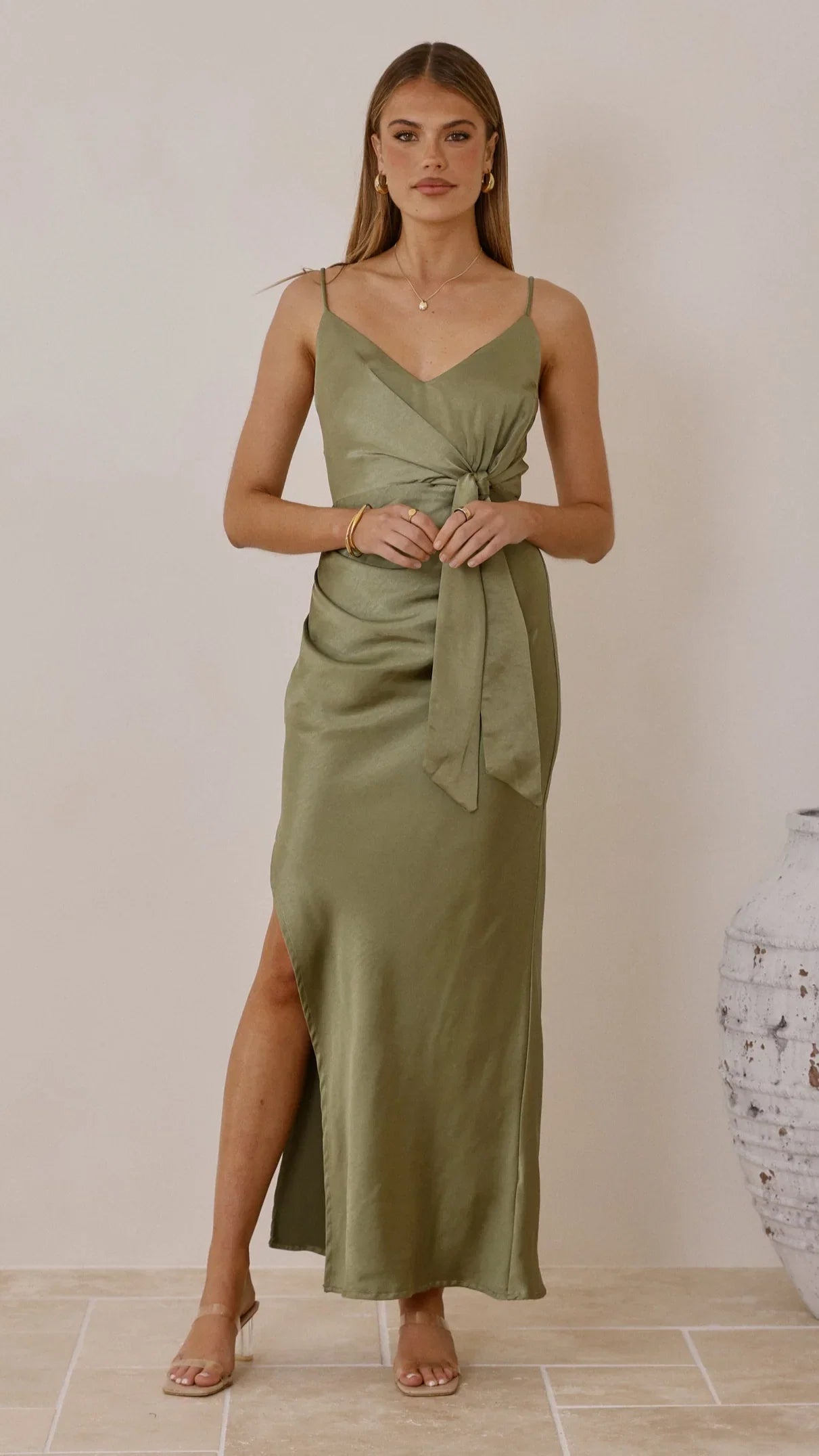 Yasmeen Tie Front Maxi Dress Olive