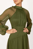 Julip Sheer Long Sleeve Maxi Dress Olive