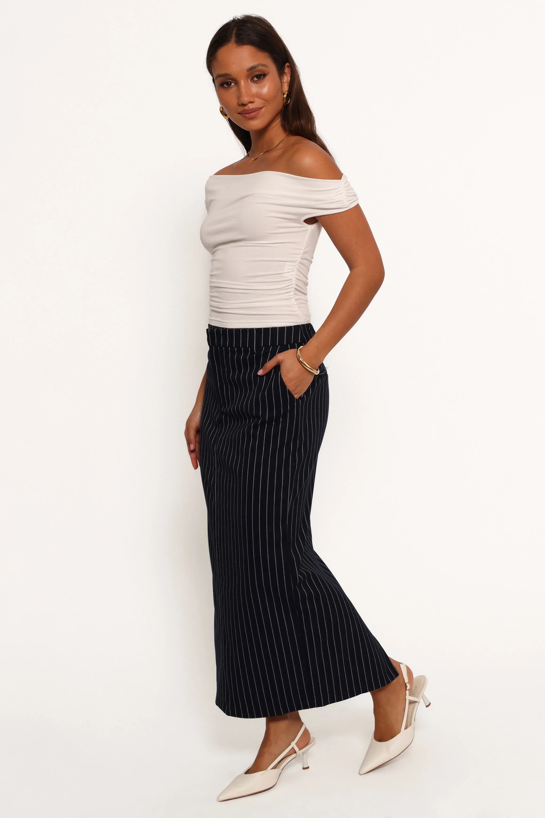 Ellory Midi Skirt Navy Pinstripe