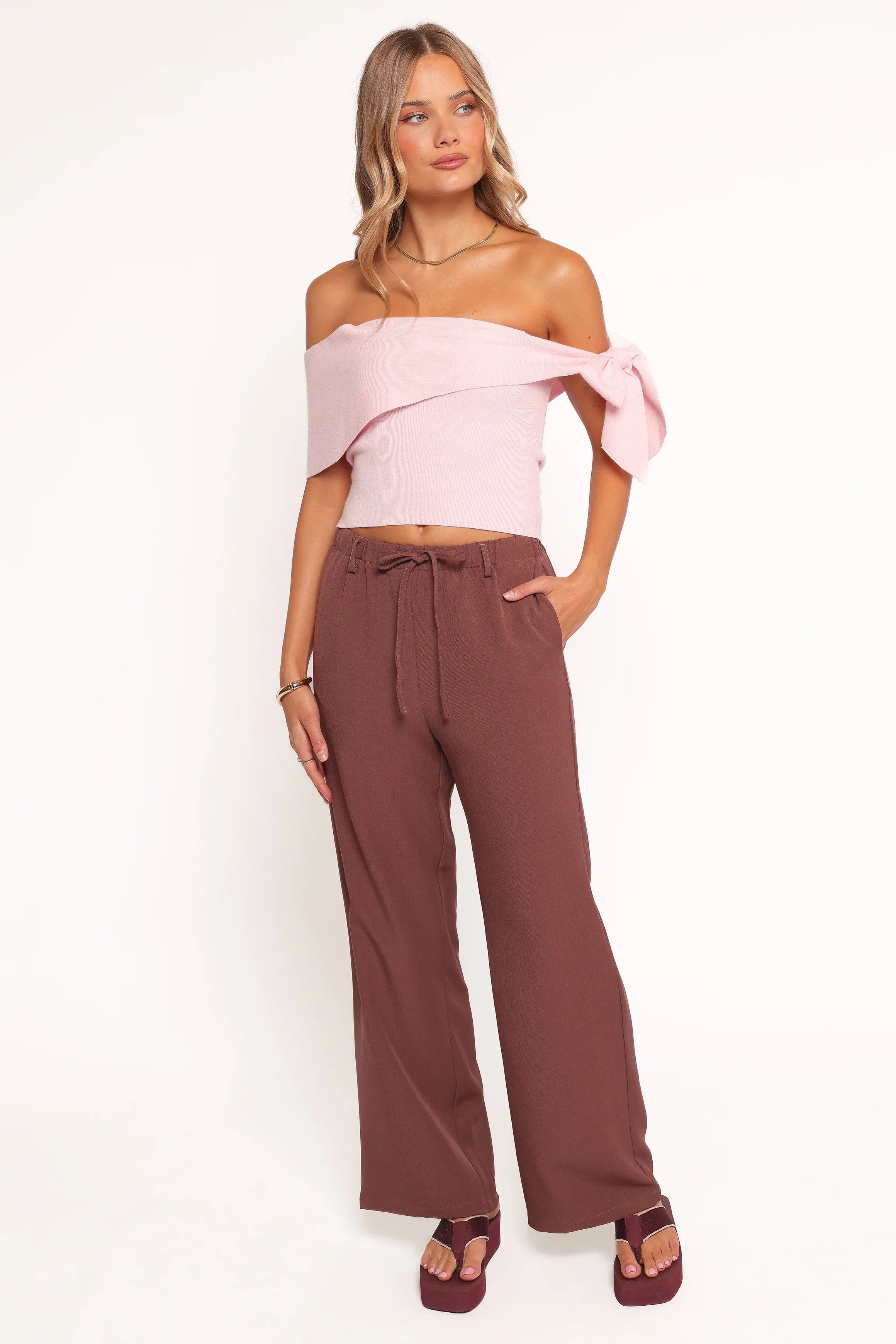 Charama Off Shoulder Knit Top Pink