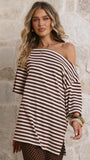 Pia One Shoulder Oversize Tee Choc White Stripe