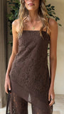 Ebony Asymmetrical Lace Top Pants Set Brown