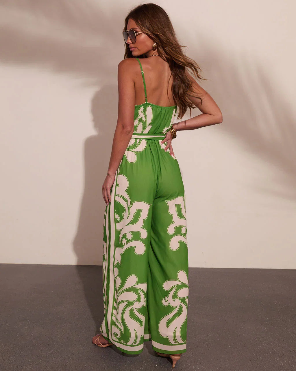 Travel Muse Tropical Print Waist Tie Jumpsuit