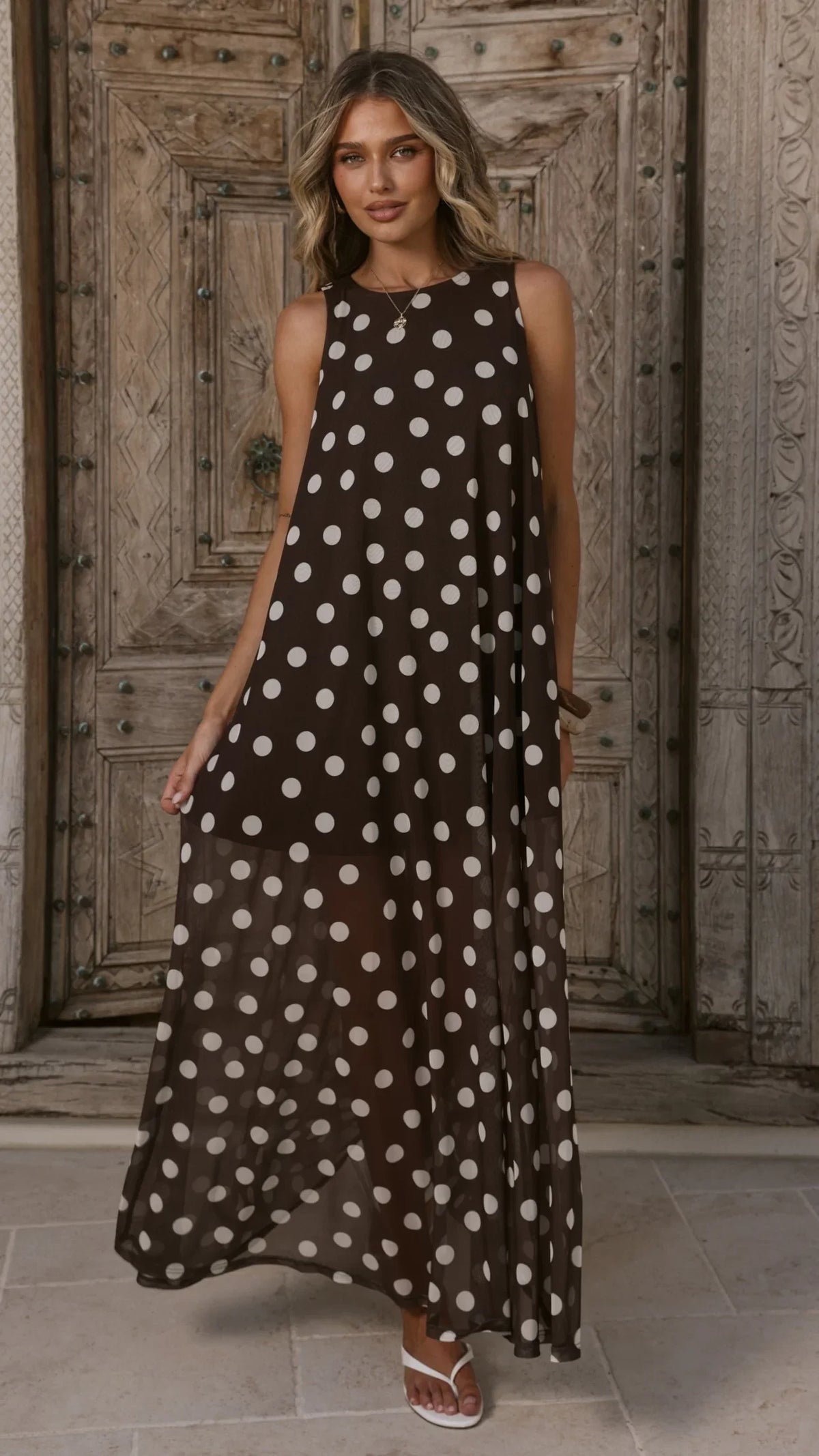Amryn Maxi Dress Choc White Polka Dot