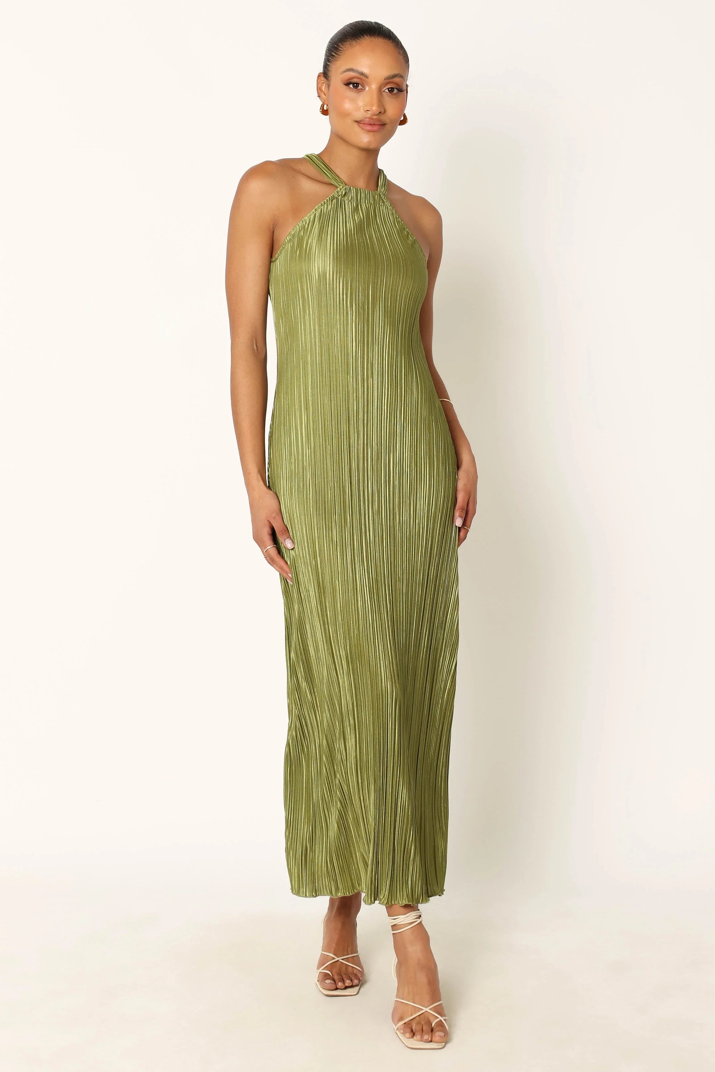 Melody Plisse Halter Maxi Dress Olive