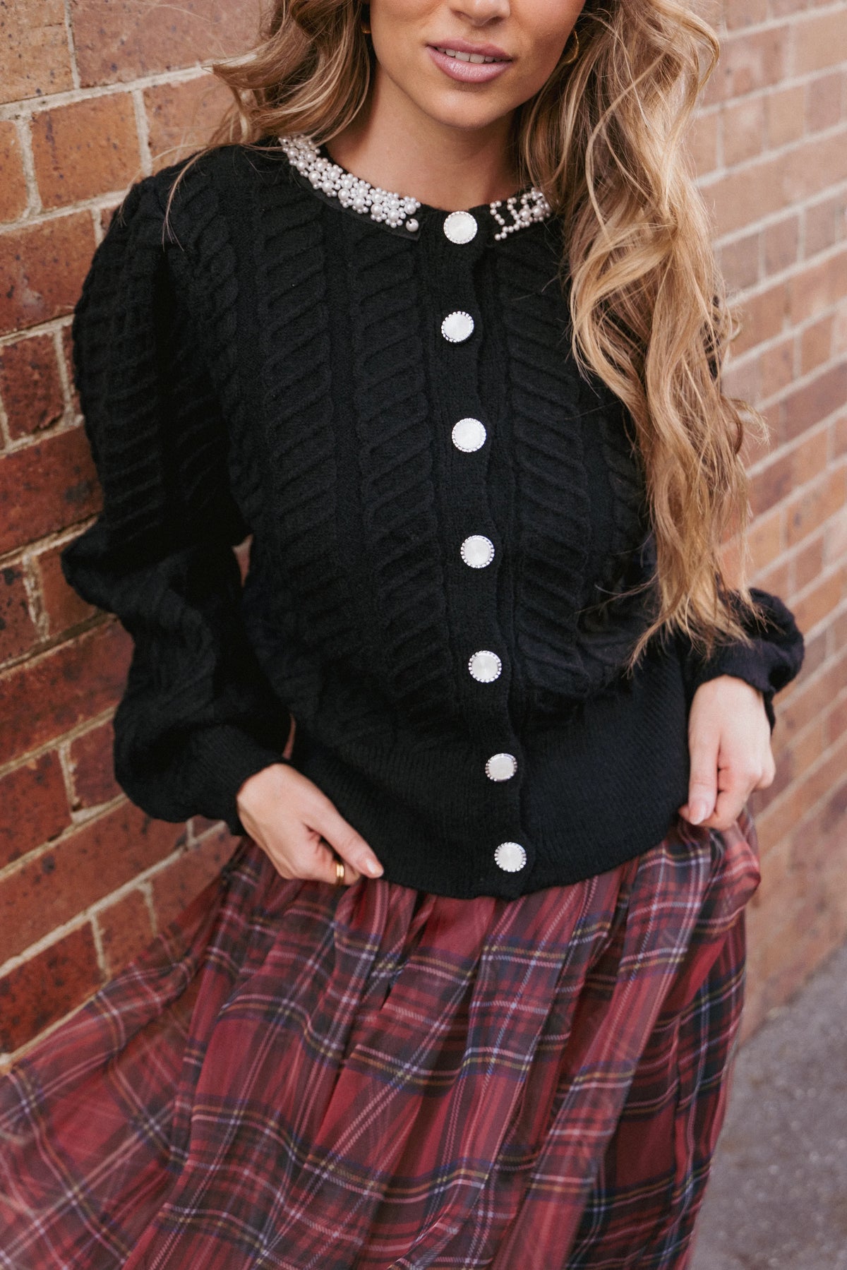 Sheena Rhinestone Collar Holiday Cardigan Black