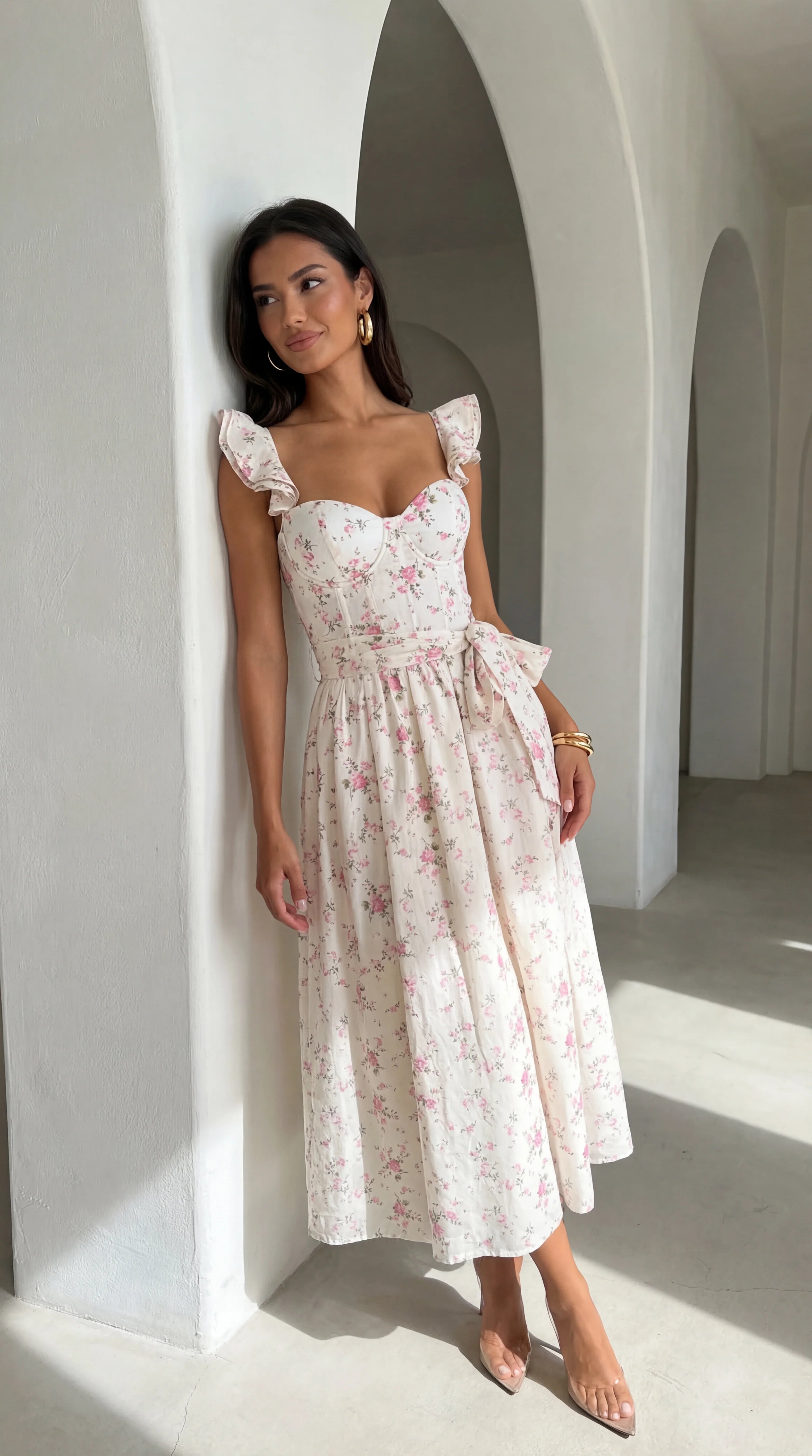 Florienne Floral Corset Flutter Midi Dress Ivory