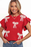 Cherish Ruffle Sleeve Bow Knit Sweater Red