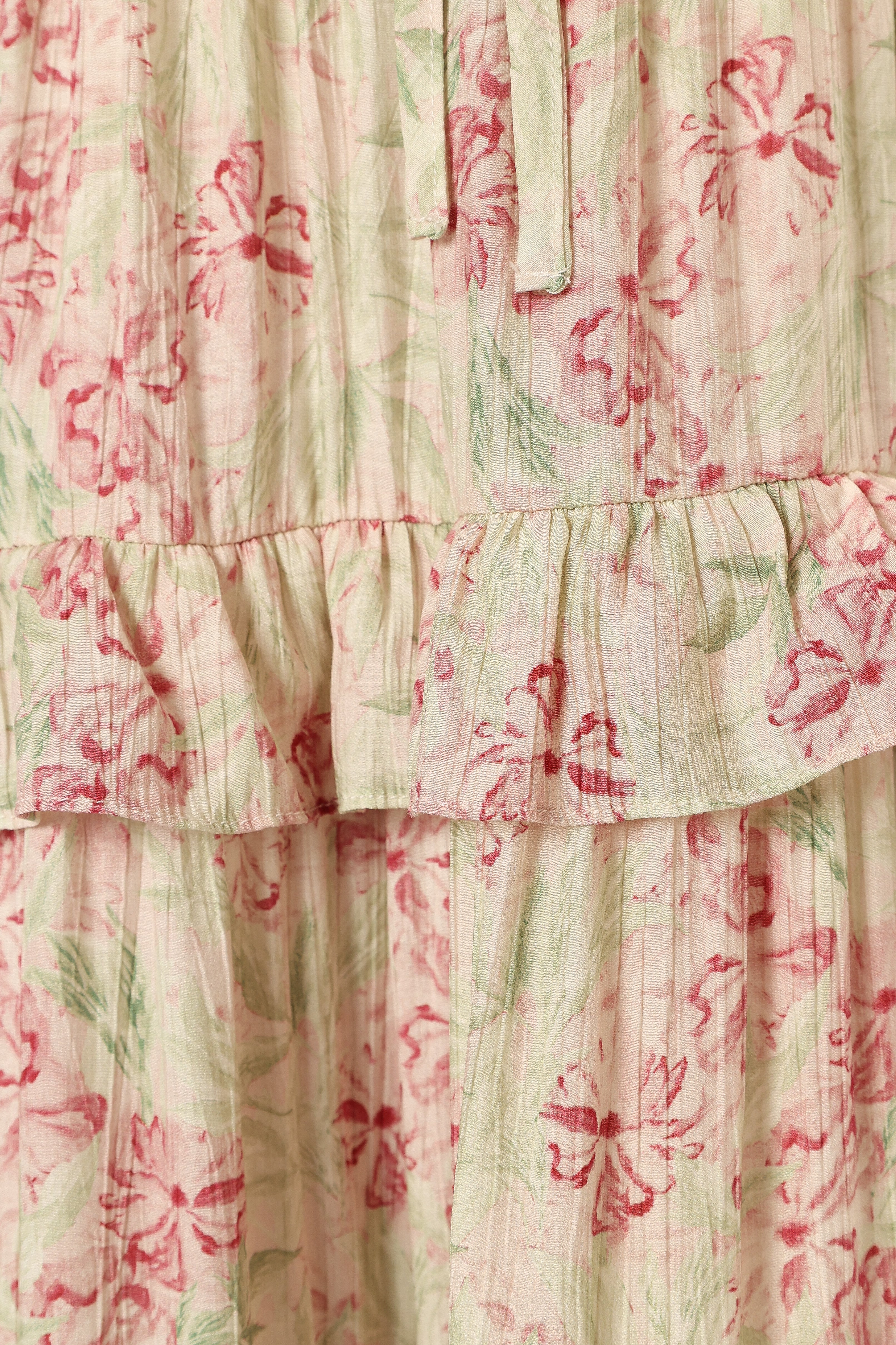 Levelle Midi Ruffle Dress Ivory Red Green Floral