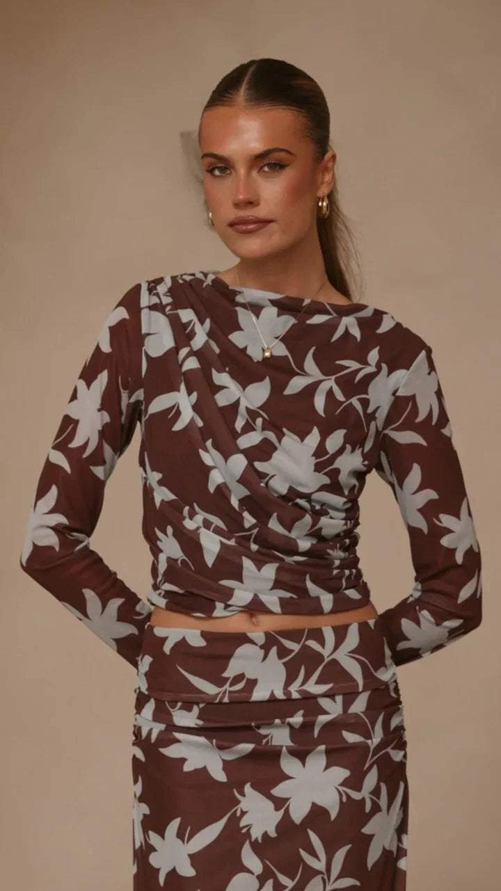 Adira Long Sleeve Top Chocolate Blue Print