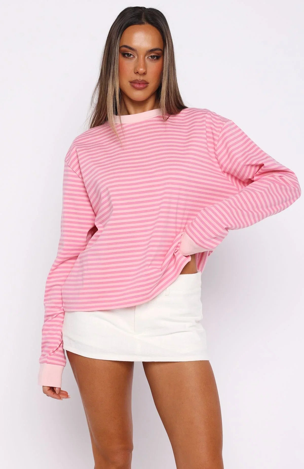 Catch The Drift Long Sleeve Tee Dark Pink Light Pink Stripe