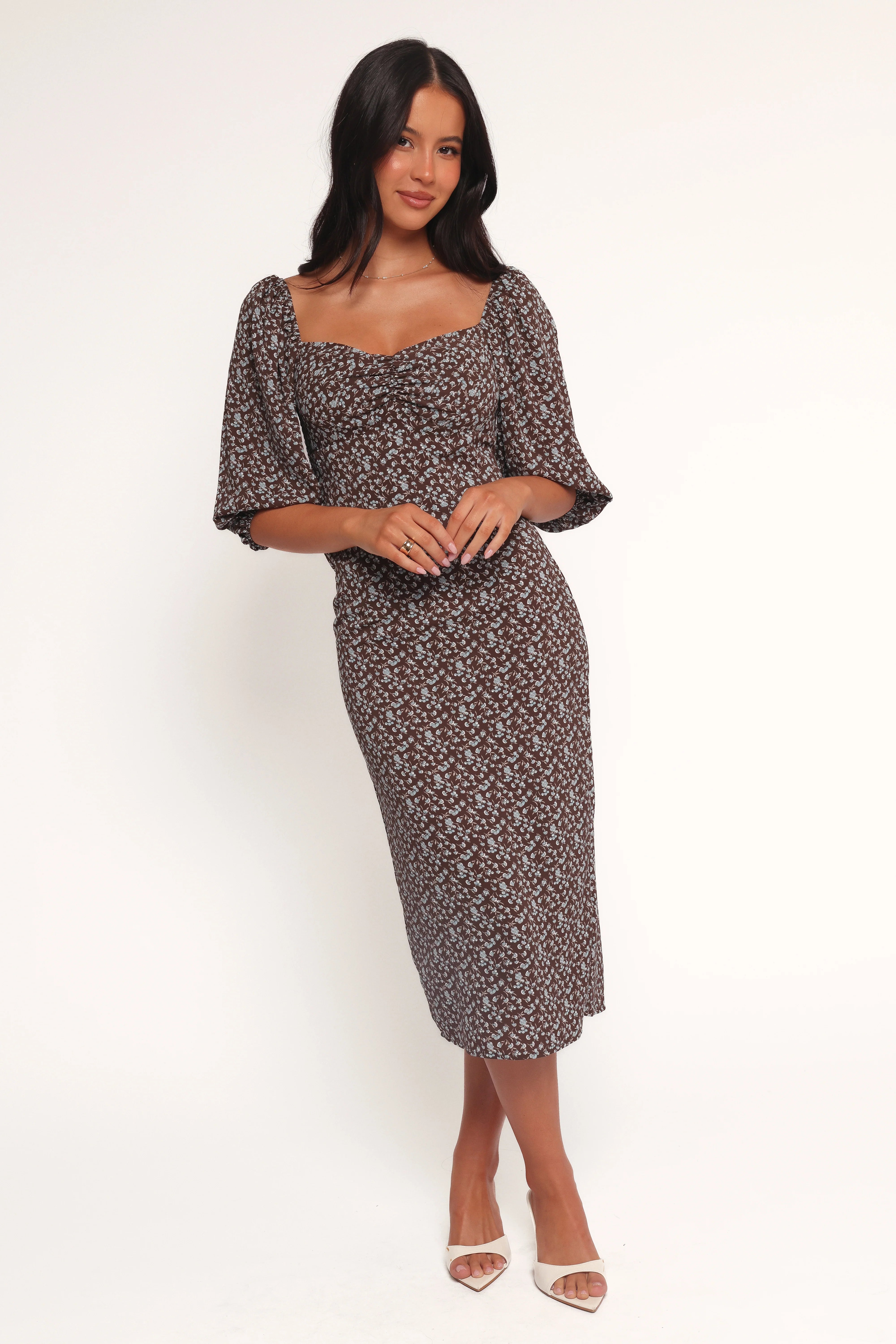 Oona Midi Dress Brown Blue Floral