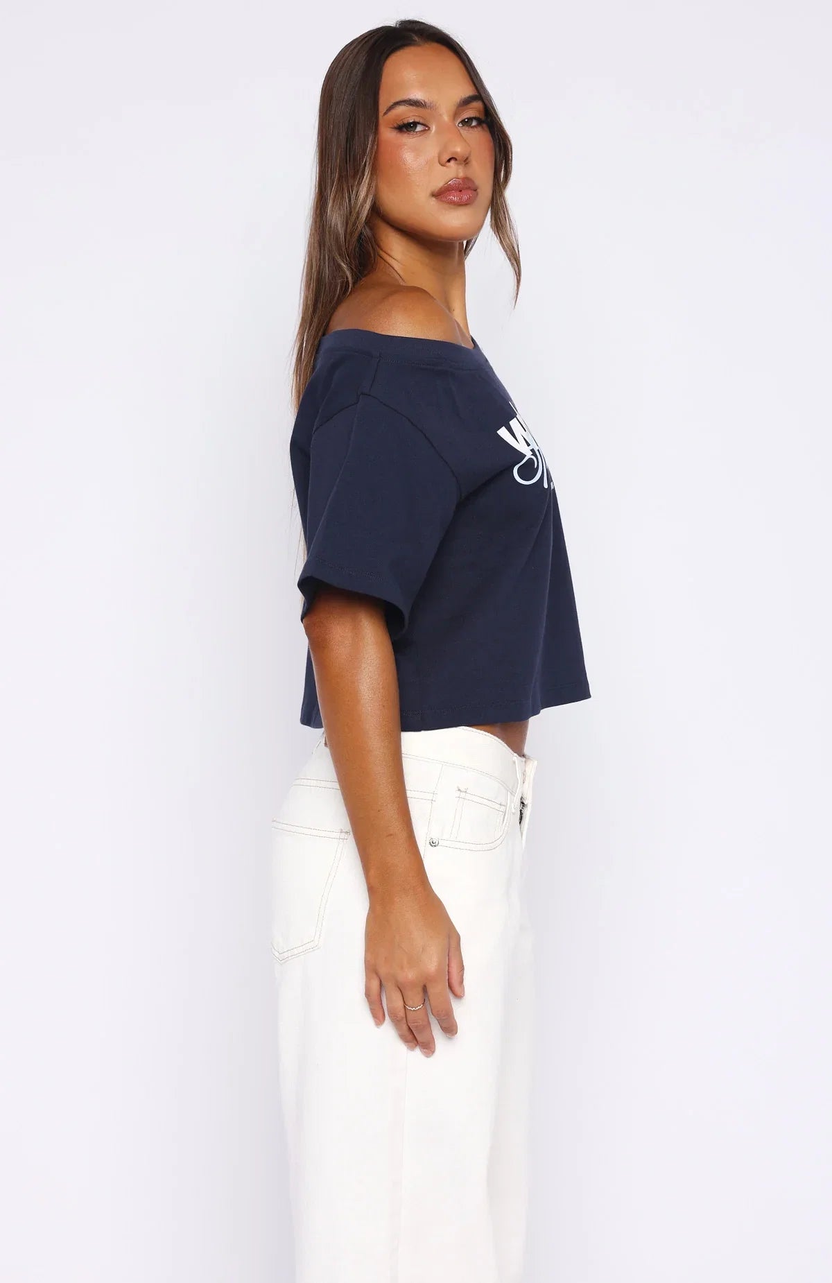 Ive Got That Feeling Boxy Off Shoulder Tee Navy