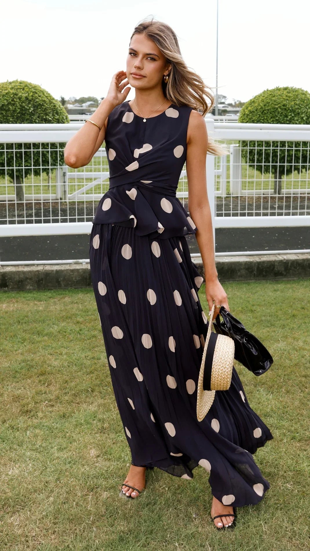 Cambree Peplum Top and Maxi Skirt Set Black Beige Polka Dot