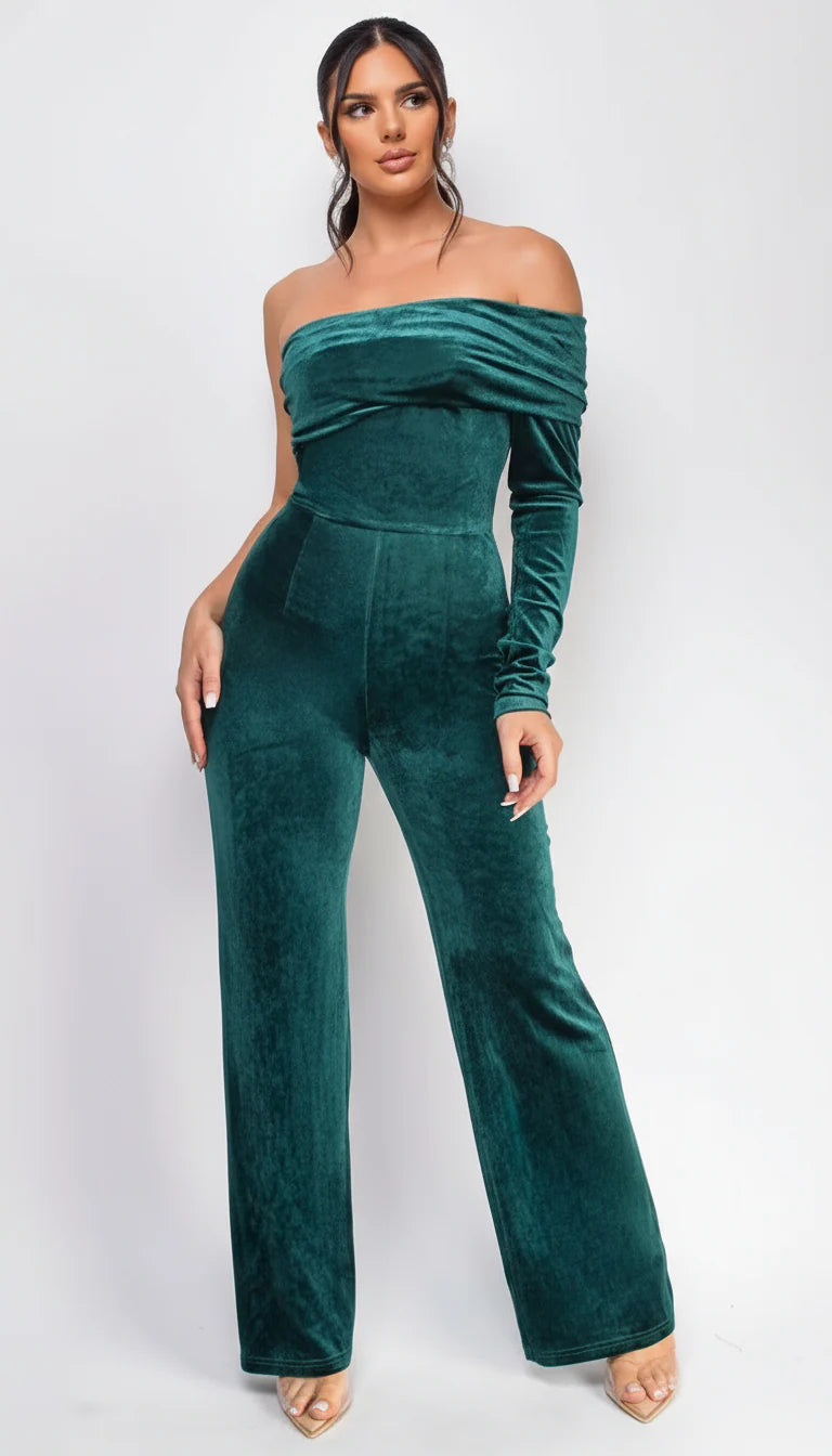 Nightfall One Shoulder Velvet Jumpsuit Green