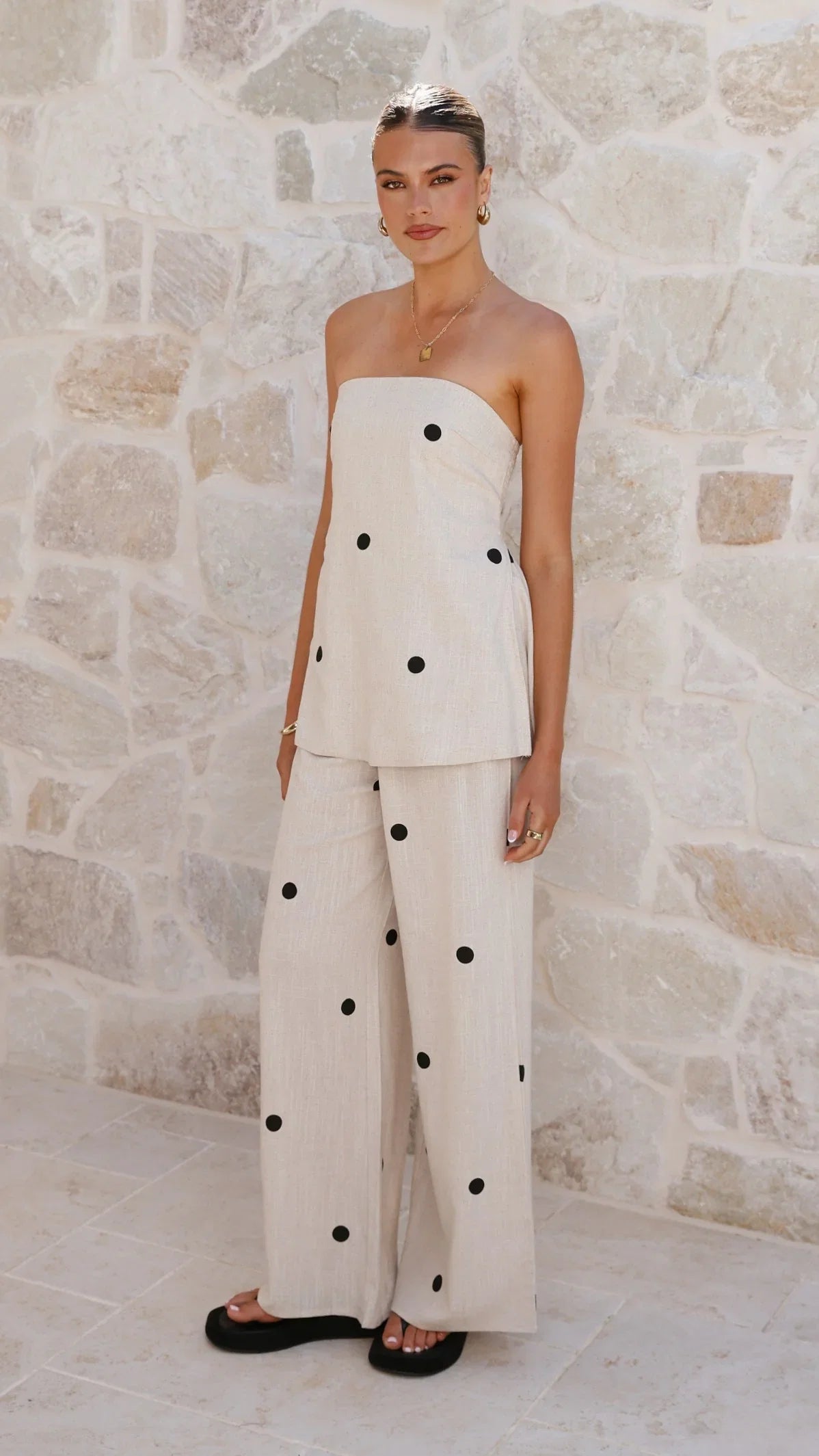 Kailani Strapless Top and Pants Set Oatmeal Black Polka Dot