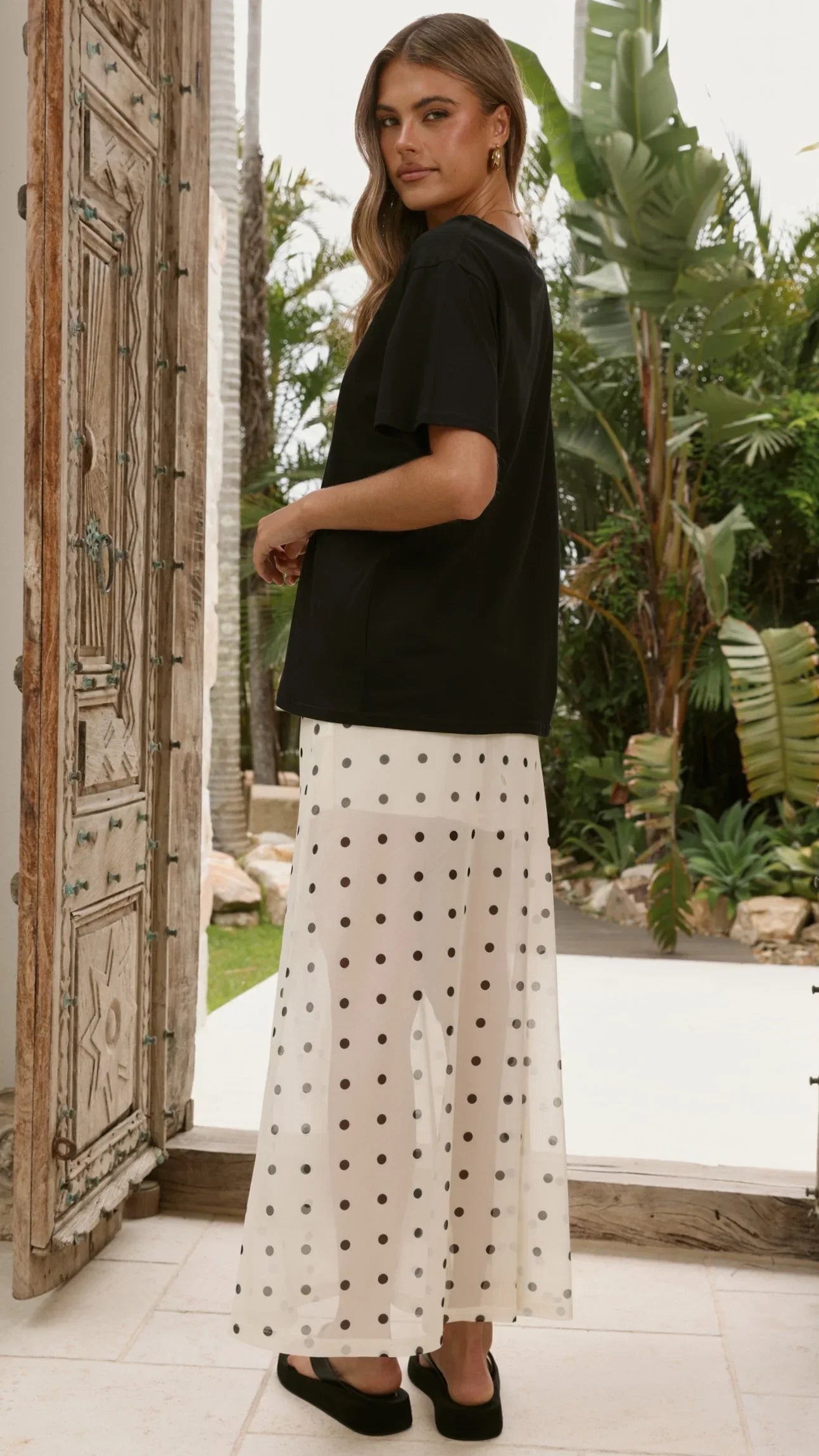 Onella Semi Sheer Maxi Skirt Cream Black Polka Dot