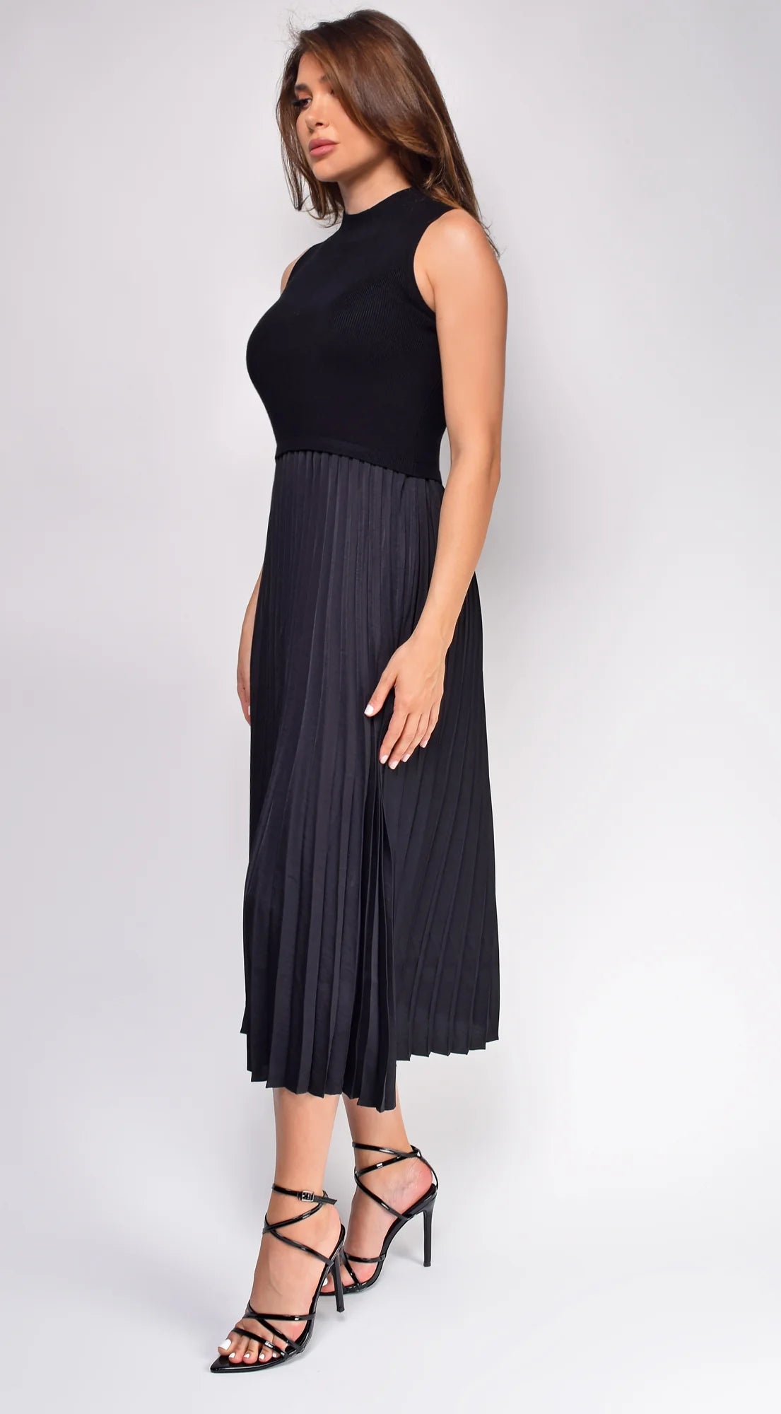 Ashlen Black Pleated Contrast High Neck Midi Dress
