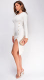 Sophina Off White Long Sleeve Ribbed Side Slit Midi Dress