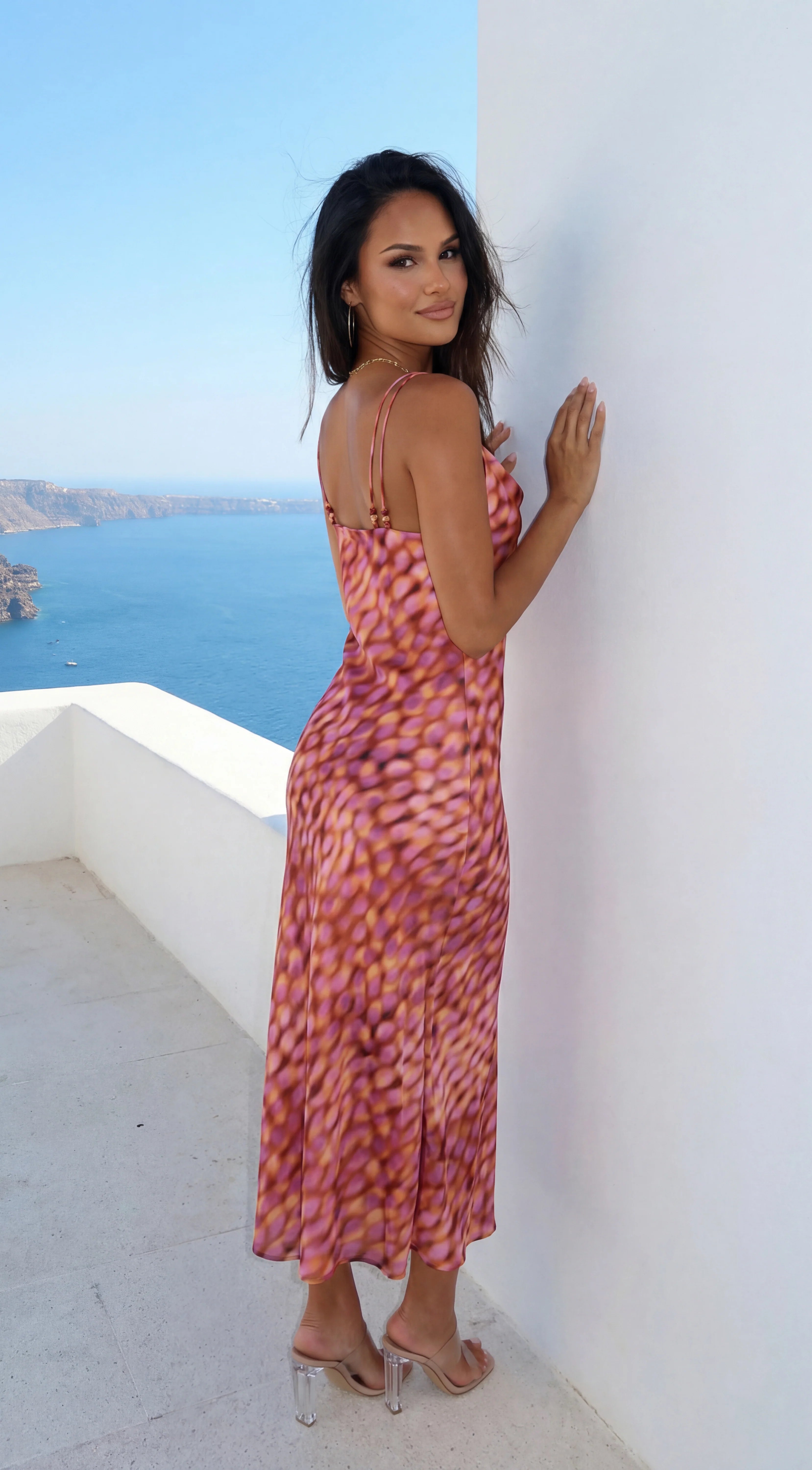 Kaielle Cowl Neck Multi Color Maxi Dress Orange Brown Multi