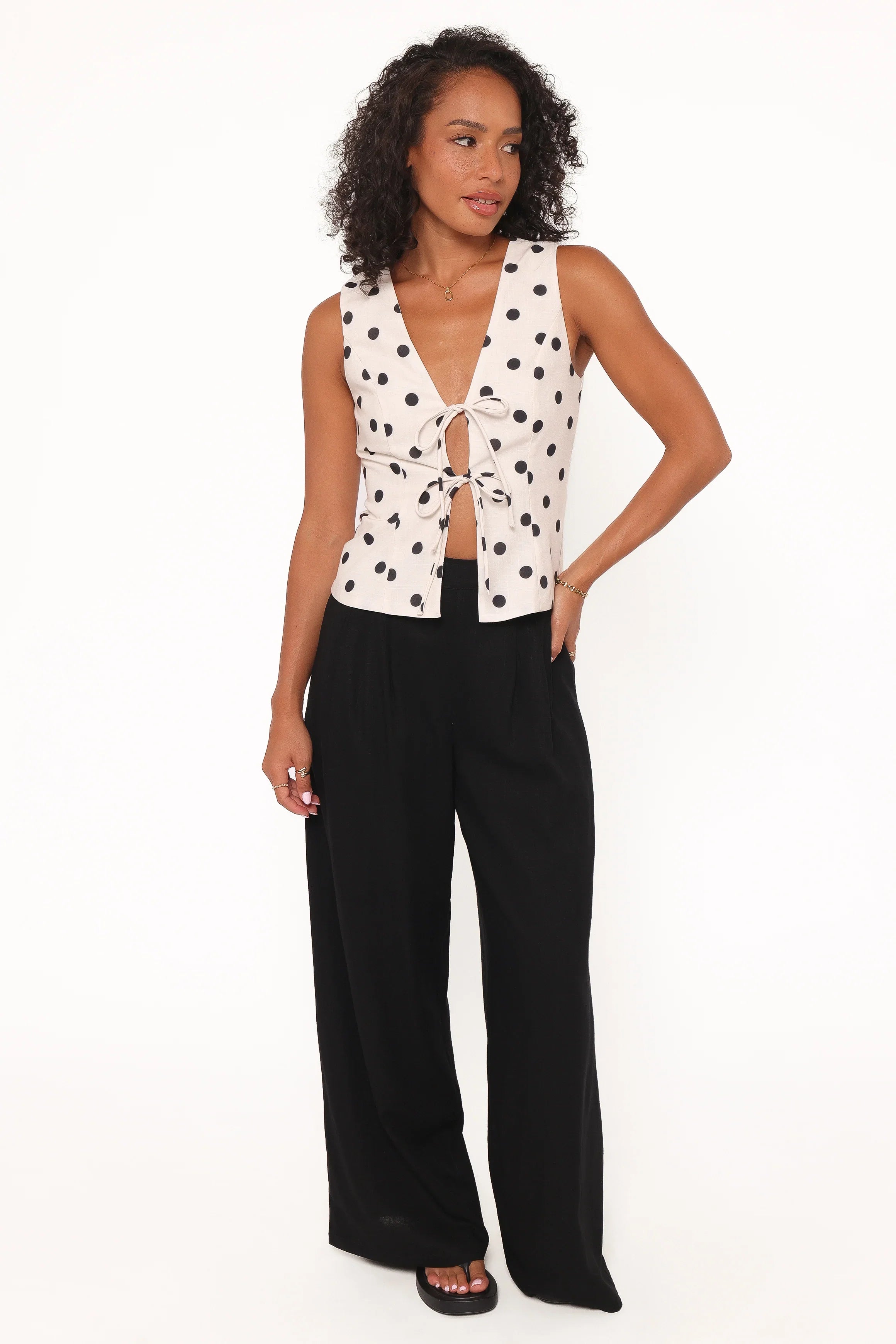Zoie Tie Front Vest Cream Polka Dot