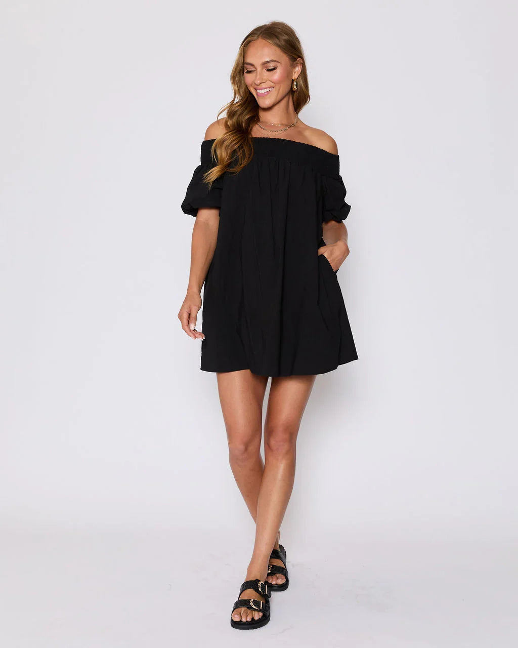 Lydia Cotton Smocked Off The Shoulder Mini Dress