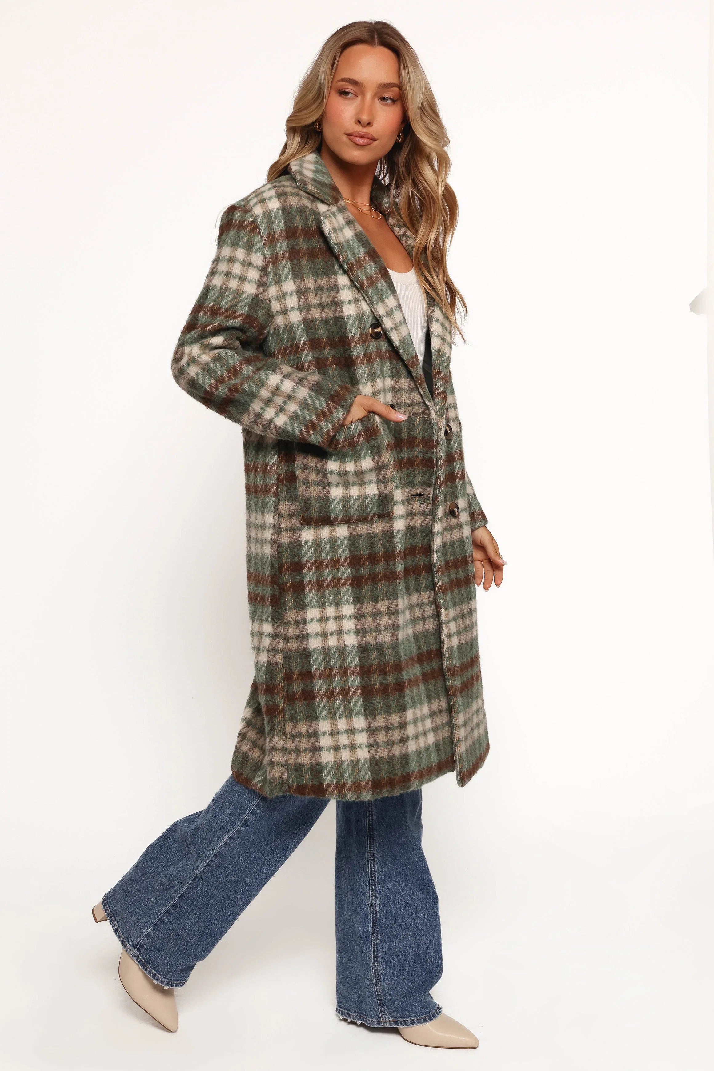 Anika Plaid Long Coat Green Brown