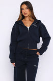Wishing For It Cropped Cinched Zip Front Hoodie Navy