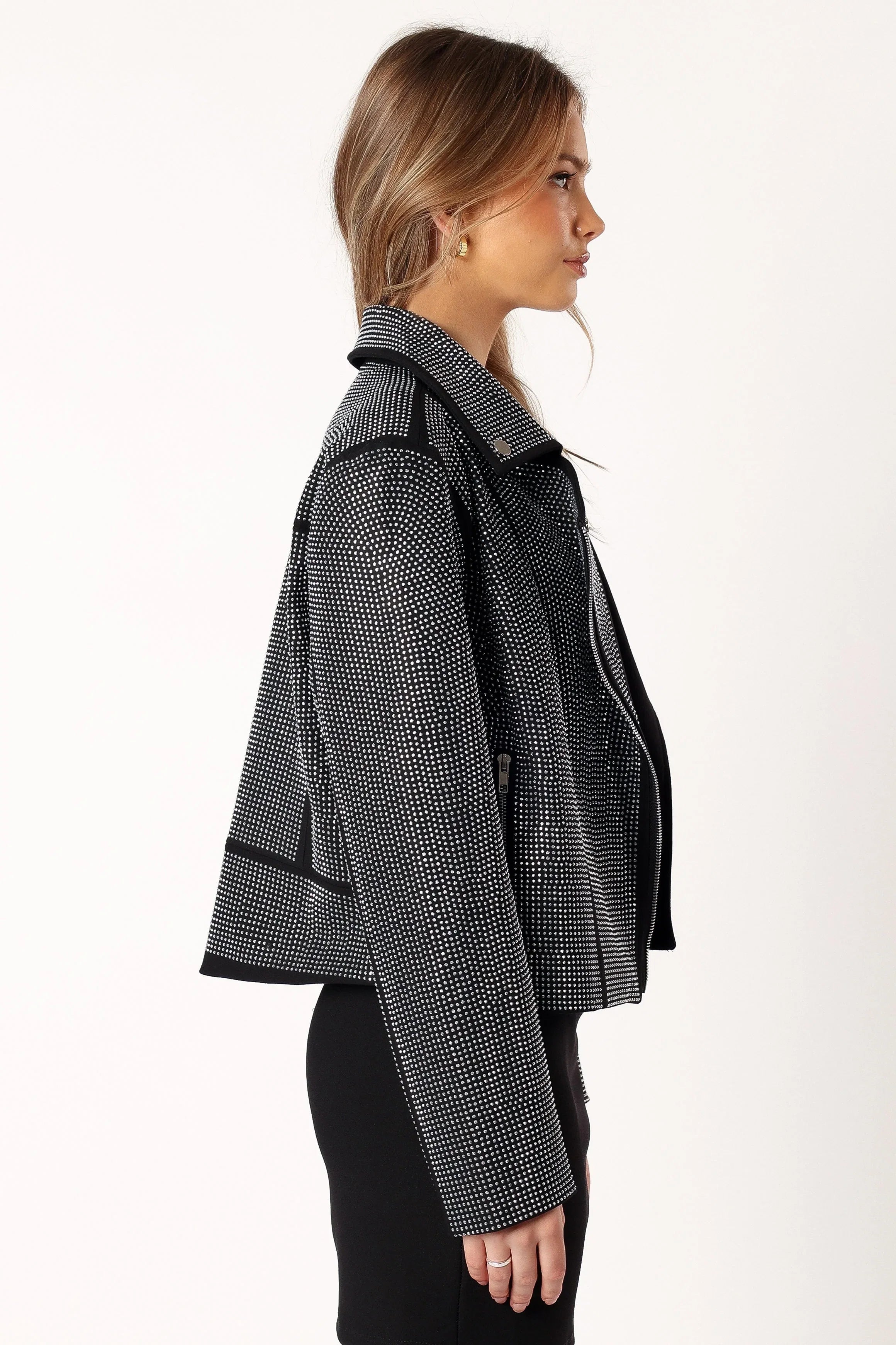 Elaina Crystal Studded Moto Jacket Black