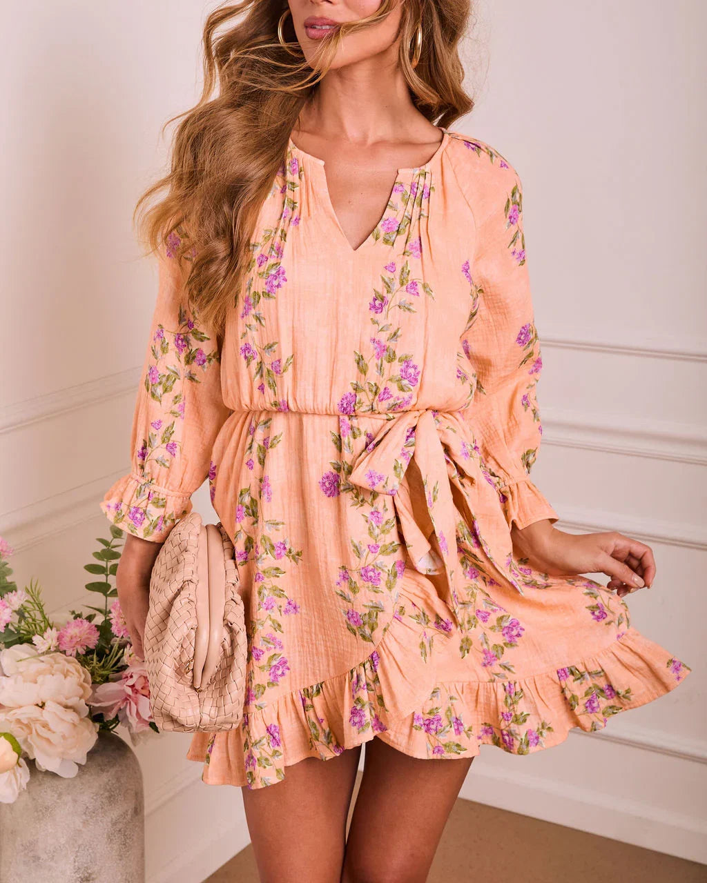 Soft Spoken Letter Floral Wrap Mini Dress