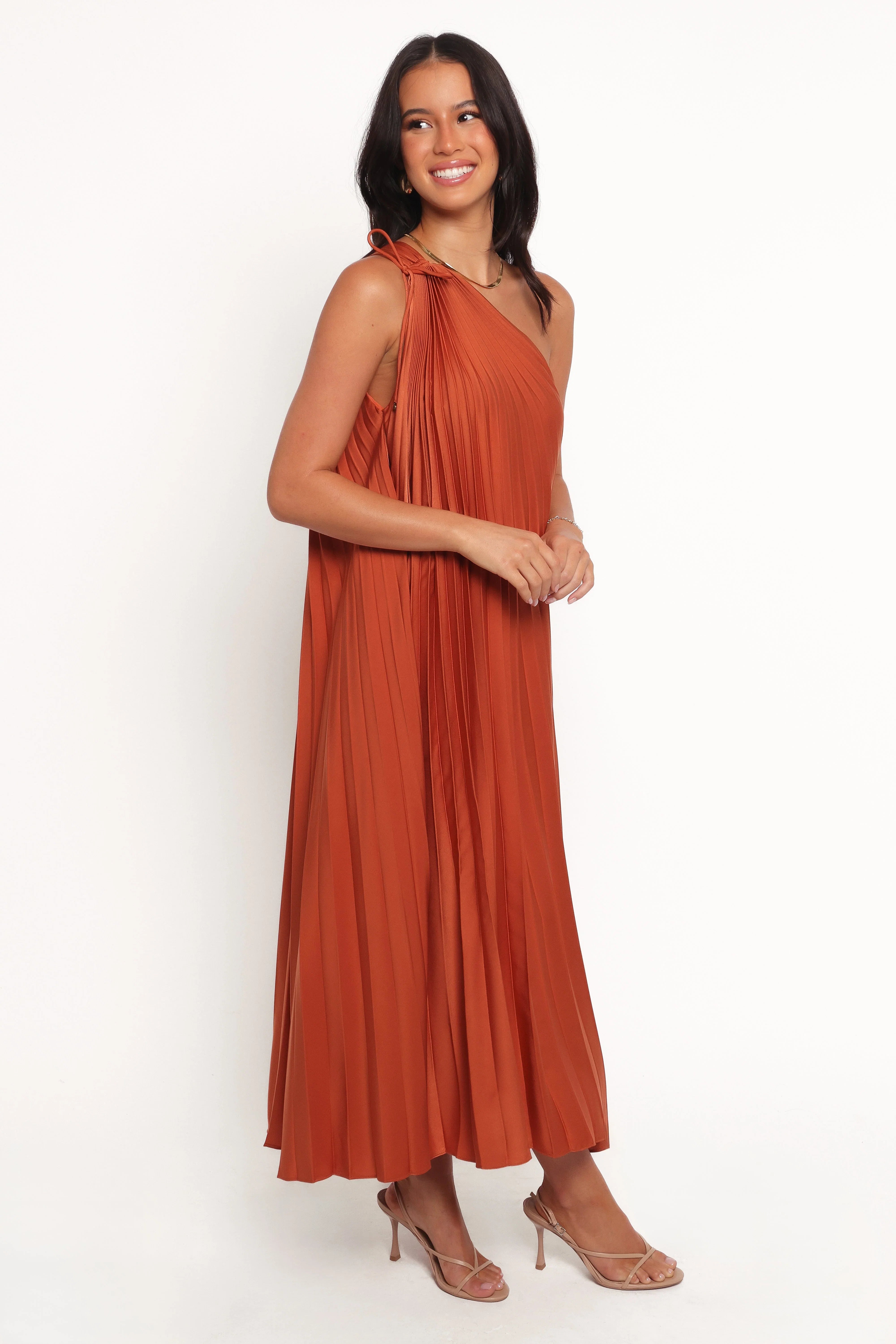 Selena One Shoulder Midi Dress Russet Bronze
