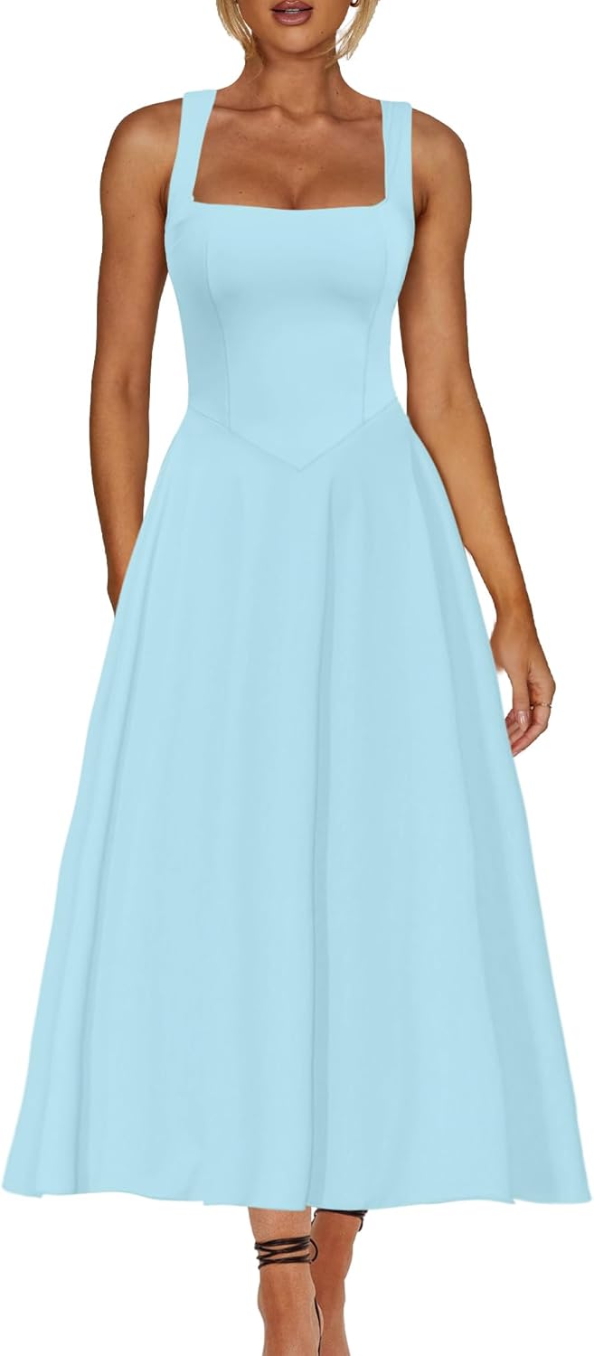 A Line Maxi Dress Smocked Ruffle Flowy Casual Long Dresses