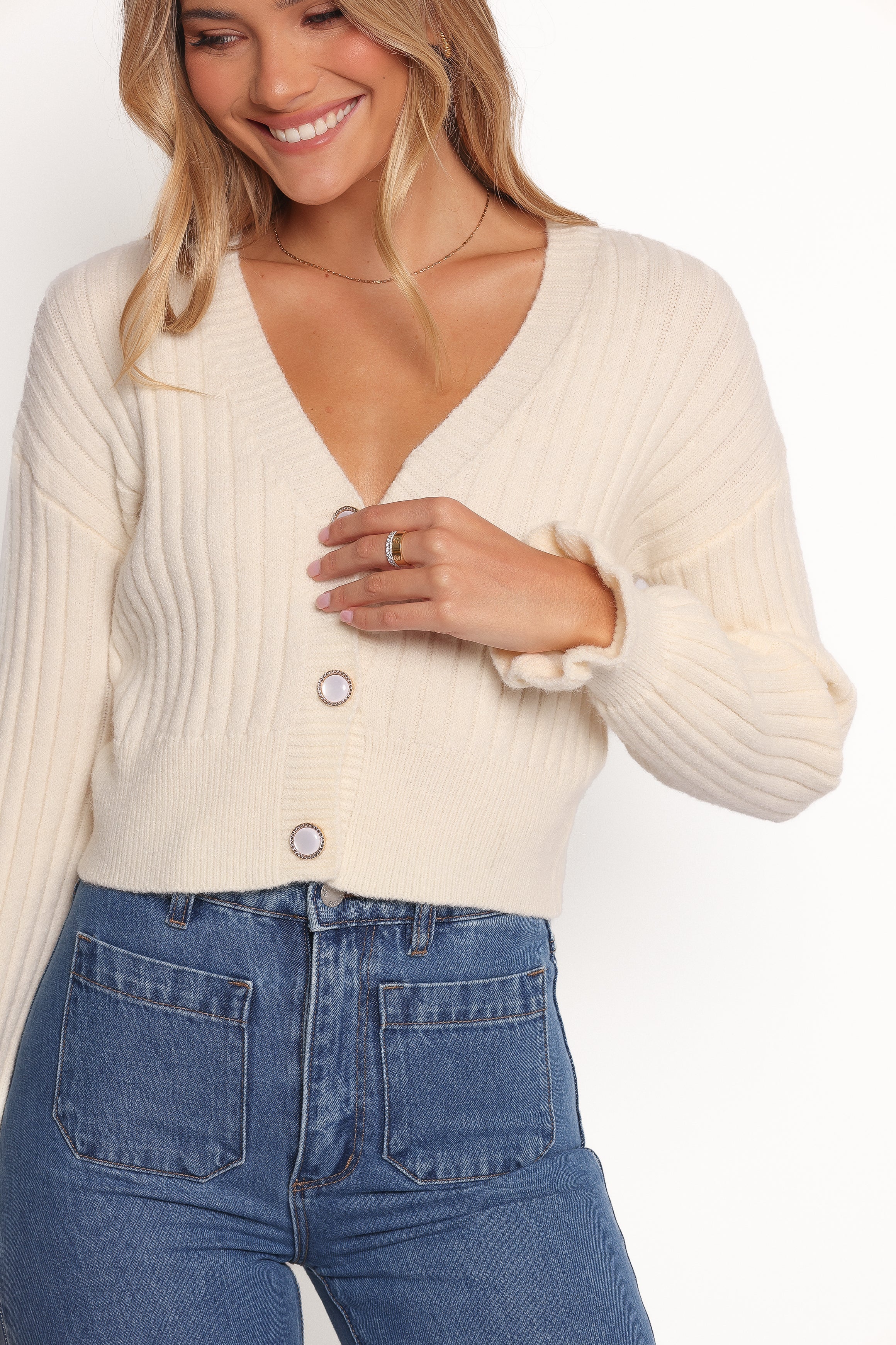 Zana Ribbed Ruffle Cuff Knit Sweater Cream